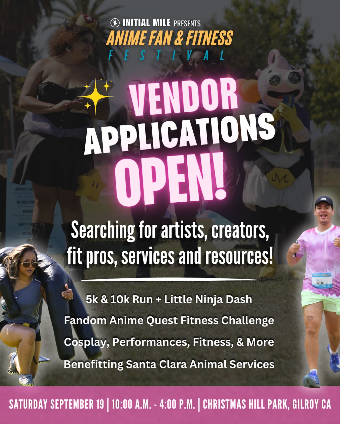 Come out and share your small business at our Second Annual Anime Fan and Fitness Festival, the one and only event where anime and fitness collide!
Whether you create handmade goods, custom prints, anime-inspired merchandise, collectibles, apparel, artwork, or provide fitness and wellness services, this is your opportunity to connect with our unique community.
Vendor applications are still being accepted, but spaces are filling quickly. To help ensure a diverse marketplace and support our vendors’ success, we are limiting the number of businesses in certain categories.
The following vendor categories are currently SOLD OUT:
🍜 Food Vendors
🧶 Crochet Vendors
🔥 Laser Engraving Vendors
If your category is sold out and you would like to join the waitlist, or if you have any questions, please don’t hesitate to reach out.
Join us and connect with anime fans, runners, cosplayers, artists, performers, fitness enthusiasts, and families from across the Bay Area!
📅 September 19, 2026
📍 Christmas Hill Park, Gilroy, CA
#animefanandfitnessfestival #initialmile #animefestival #fitnessevent #bayareaevents