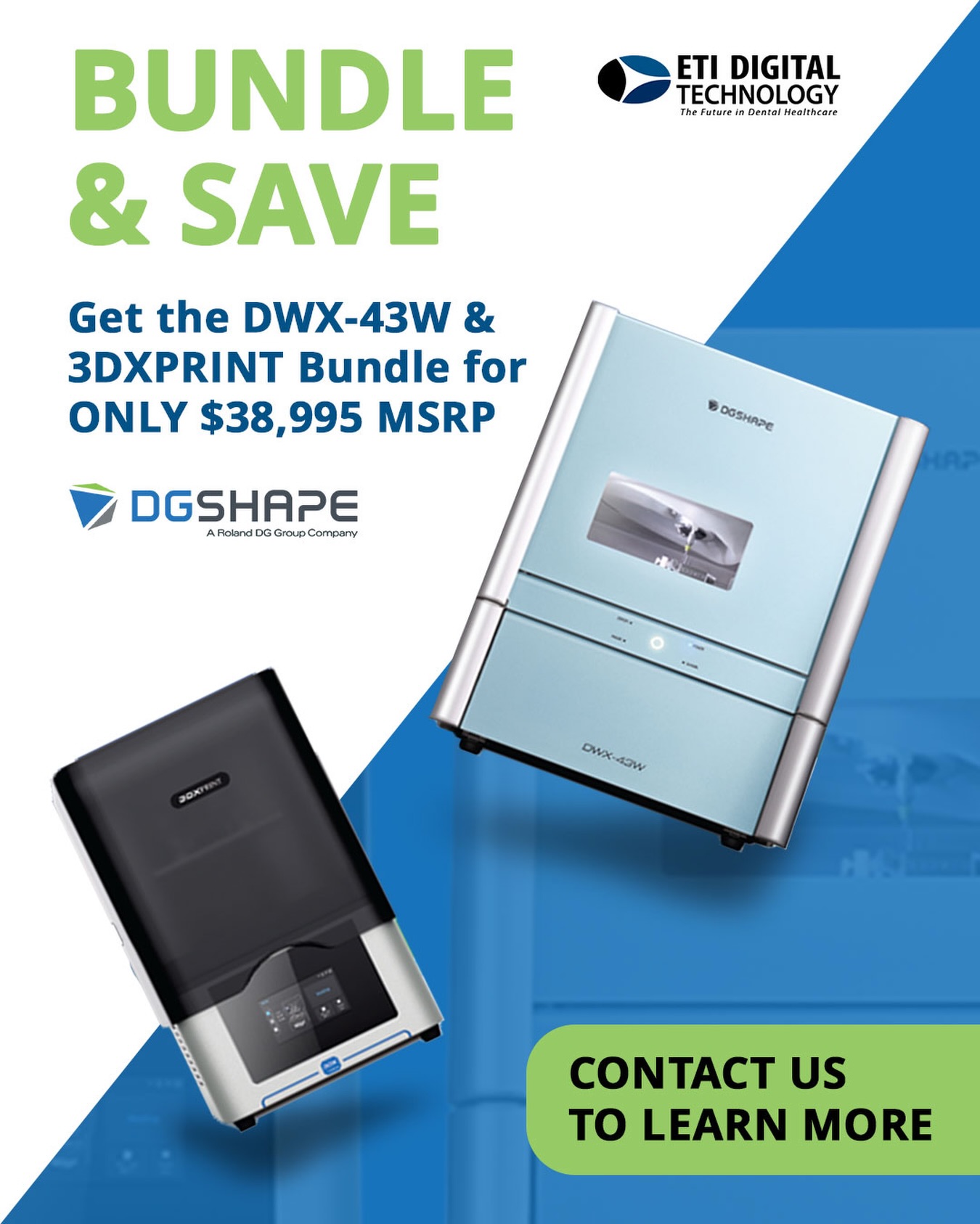 PROMO ALERT!
.
Roland DGA’s Restorative Solutions make it easy for dental businesses of all sizes to deliver fast, precise and predictable dental restorations and 3D printed applications in-house. Easily produce quality restorations and custom titanium abutments with the DWX-43W wet milling solution, and models, occlusal guards, bite splints and more in minutes with the 3DXPRINT Printer. With DGSHAPE DWX milling solutions and 3DXPRINT we have you covered. 🎉
.
Get a DWX-43W & 3DXPRINT for only $38,995! Offer valid NOW to 06/30/2026! 🤗
.
📚 Don’t miss out on this awesome opportunity and get the latest Roland Wet Mill and 3DX Printer Bundle today, contact ETI Digital Technology today at 714-238-1490 or sales@etidigitaltechnology.com! 🥰
.
#etidigitaltechnology #wetmilling #3Dprinting #ambermill #chairsidesolution