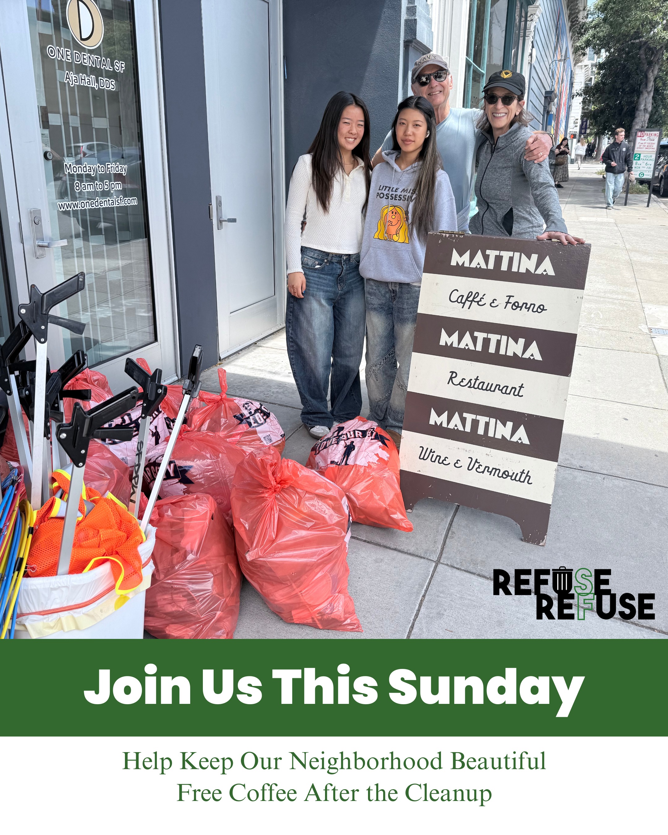 We had a great cleanup last month! 💚
A huge thank you to everyone who joined us, and to @mattinasf for hosting. ✨
Join us this Sunday, in front of Mattina's at 12 noon. Free brewed coffee after the cleanup! 🧹☕
📍Mattina Restaurant
📆 Every 4th Sunday of each month
📲 (415) 418-0541
📩 CT@cynthiatraina.com
#️⃣ DRE 02162958
#RefuseRefuseSF #Cleanups #SanFrancisco #FreeCoffee #Fillmore