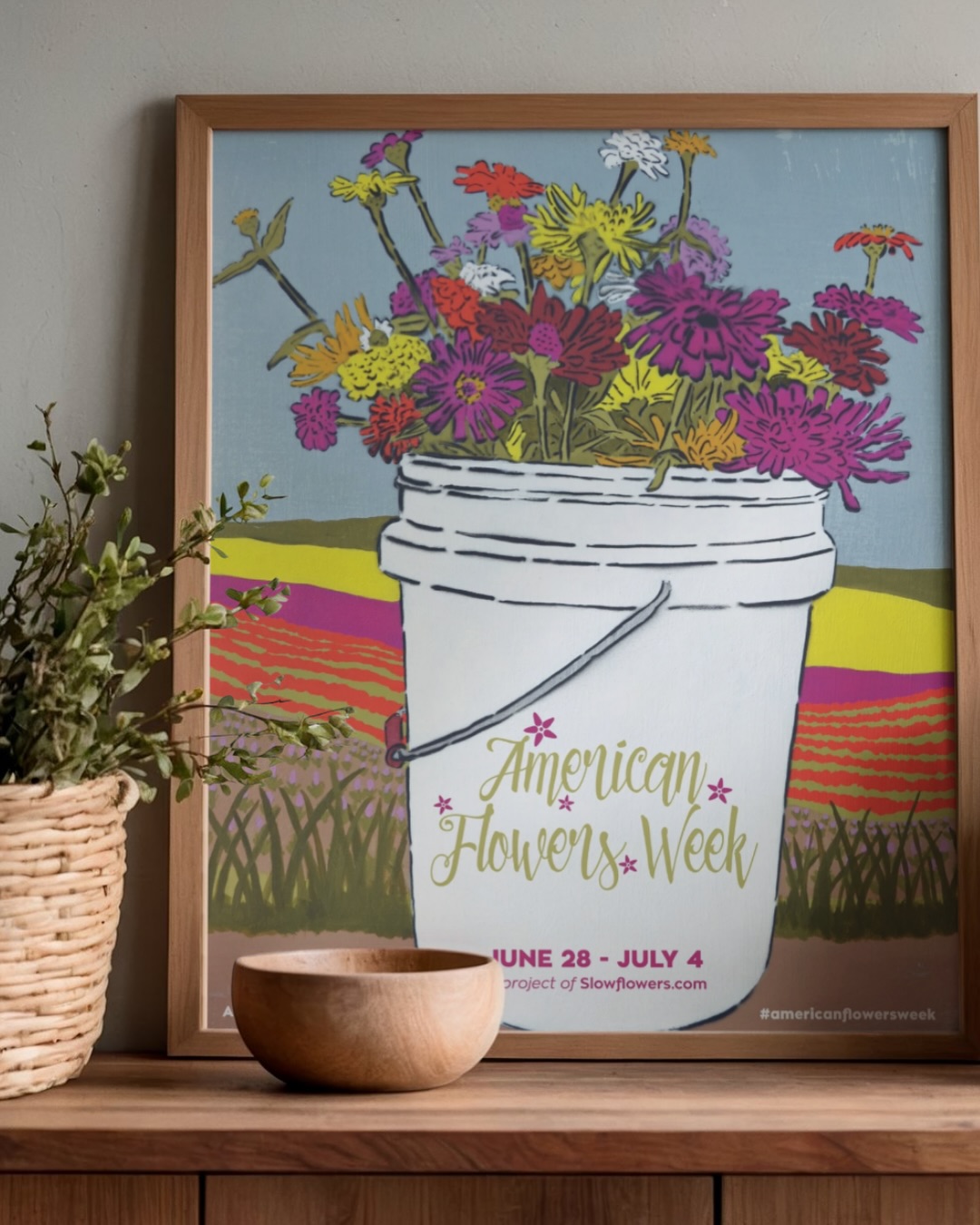 Happy American Flowers Week 🇺🇸💐✨ — Here’s to showcasing domestically grown flowers during our week-long celebration while raising consumer awareness and uniting America’s flower farmers with the U.S. floral industry!
But first, what is American Flowers Week?
The goal of American Flowers Week is to engage the public, policymakers and the media in a conversation about the origins of their flowers. As an advocacy effort, the campaign is timed to coincide with America’s Independence Day on July 4th, providing florists, retailers, wholesalers and flower farmers a patriotic opportunity to promote American grown flowers.
Now the fun stuff… 🎉
We’re so proud of the collaborations we’ve created between Slow Flowers Society and our guest artists over the years. Since 2015, we’ve commissioned original illustrations, prints, drawings, photography, and floral art from many gifted friends of Slow Flowers, including our members.
Enjoy of virtual gallery and scroll through our beautiful, 12-year retrospective of this celebrated artwork. And most importantly we would like to say a huge THANK YOU to the artists who have helped convey Slow Flowers’ mission of local, seasonal, and sustainable flowers – and our commitment to the creative community of individuals who grow and design with those blooms!
For more info about American Flowers Week 2026 (June 28 - July 4), visit www.americanflowersweek.com 🥳❤️✨
#slowflowerssociety #slowflowers #slowflowersmovement #americanflowersweek #americangrownflowers
2026 – “Flower Bucket” original print by Amy Rice: @amyriceart ✨
2025 – 50 State by State Floral Quilt, watercolor illustration by Jenny Diaz: @jennymdiaz ✨
2024 – Native Flowers Across America by illustrator Lesley Goren: @lesleygoren ✨
2023 – “Flower Farmers Together” by artist April Lemly: @aprilmakingart ✨
2022 — USA map with red, white, and blue blooms by illustrator Shelley Aldrich: @shelleyaldrichminimuseum ✨
2021 – “An Armload of Fresh + Local Flowers” illustration by Jeanetta Gonzales: @nettdesigns ✨
2020 – “Trio of Floral Ladies” illustration by Tamara Hough:
@morning.glory.flowers ✨
2019 – Red-white-and-blue collage illustration by Josephine Rice: @josephin