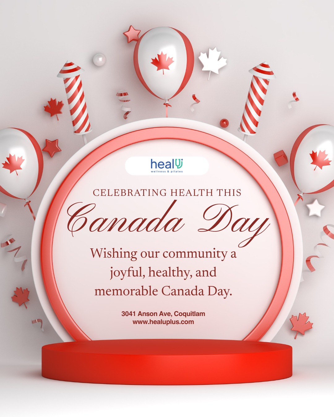 Happy Canada Day! ❤️🤍
Today, we celebrate the incredible community we're proud to be part of.
At healU+ Wellness & Pilates, we're grateful for the opportunity to help individuals and families throughout Coquitlam and the Tri-Cities improve their health, recover from injuries, and move with greater confidence every day.
Whether you've visited us for Pilates, Massage Therapy, Physiotherapy, Chiropractic, Acupuncture, Naturopathic Medicine, or another wellness service, thank you for trusting us to be part of your healthcare journey.
As we celebrate Canada Day, we hope you enjoy time with family and friends, embrace the outdoors, and take a moment to appreciate the health and well-being that allow us to enjoy life's special moments.
From all of us at healU+, thank you for being part of our community.
Wishing everyone a safe, healthy, and Happy Canada Day! 🇨🇦❤️
📍 healU+ Wellness & Pilates
3041 Anson Ave #202, Coquitlam
🌐 www.healuplus.com
#HappyCanadaDay #CanadaDay #HealUPlus #Coquitlam #TriCities #Wellness #Pilates #MassageTherapy #Physiotherapy #Chiropractic #Acupuncture #NaturopathicMedicine #Community #HealthyLiving #CanadaDay2026