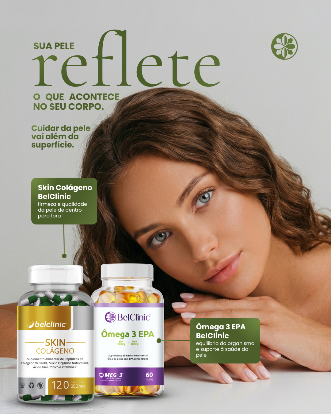 A pele é um reflexo direto do que acontece dentro do organismo.
Quando há inflamação, queda na produção de colágeno ou falta de nutrientes, os sinais aparecem: perda de viço, textura irregular e maior evidência de linhas.
Por isso, o cuidado não deve ser apenas externo.
O Skin Colágeno BelClinic auxilia na firmeza, elasticidade e qualidade da pele, atuando de dentro para fora.
Já o Ômega 3 EPA contribui para o equilíbrio do organismo e ajuda na redução de processos inflamatórios.
Uma abordagem mais completa para quem busca uma pele saudável, equilibrada e com aparência mais bonita ao longo do tempo.
💚 Acesse o link da bio para saber mais.