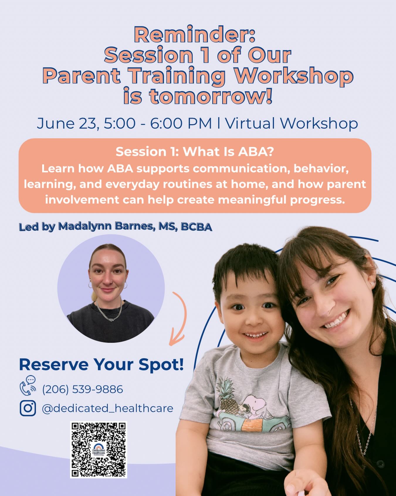 Session 1 of our Parent Training Workshop is tomorrow! 🌟
This virtual workshop is a great option for parents and caregivers who are looking for behavior and communication support and have busy schedules. Families can learn practical ABA strategies and feel supported from the comfort of home.
Parents can choose which classes they would like to attend instead of committing to the full series.
Session 1: What Is ABA?
June 23 | 5:00–6:00 PM | Virtual
Free for current clients. Affordable options are available for non-clients.
To reserve your spot, call/text (206) 539-9886 or send us a message.
#abatherapy #aba #parentraining #autismcommunity #autismsupport