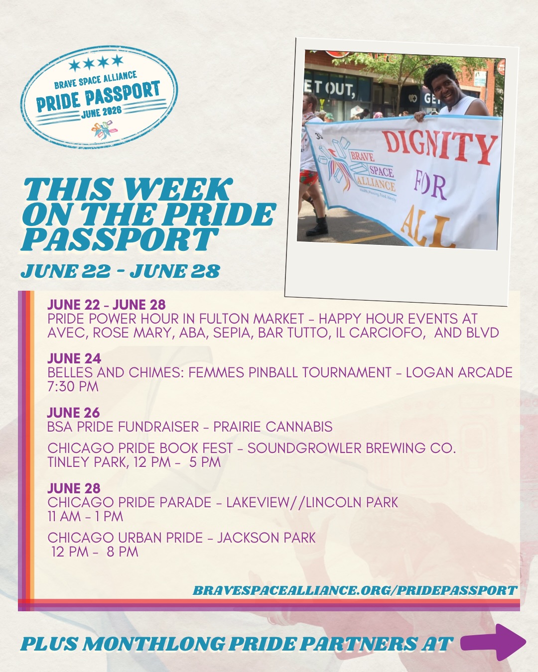 One more week of the Pride Passport! What stops are you visiting? 🏳️⚧️🏳️🌈🧡
From happy hours across Fulton Market to a Pride Book Fest, celebrate Pride while supporting BSA at bravespacealliance.org/pridepassport ‼️
PLUS catch the Brave Space team during Sunday’s celebrations in the Chicago Pride Parade and Chicago Urban Pride in Jackson Park 🌈
#pride #chicagopride #pridemonth #bravespacealliance #transrights