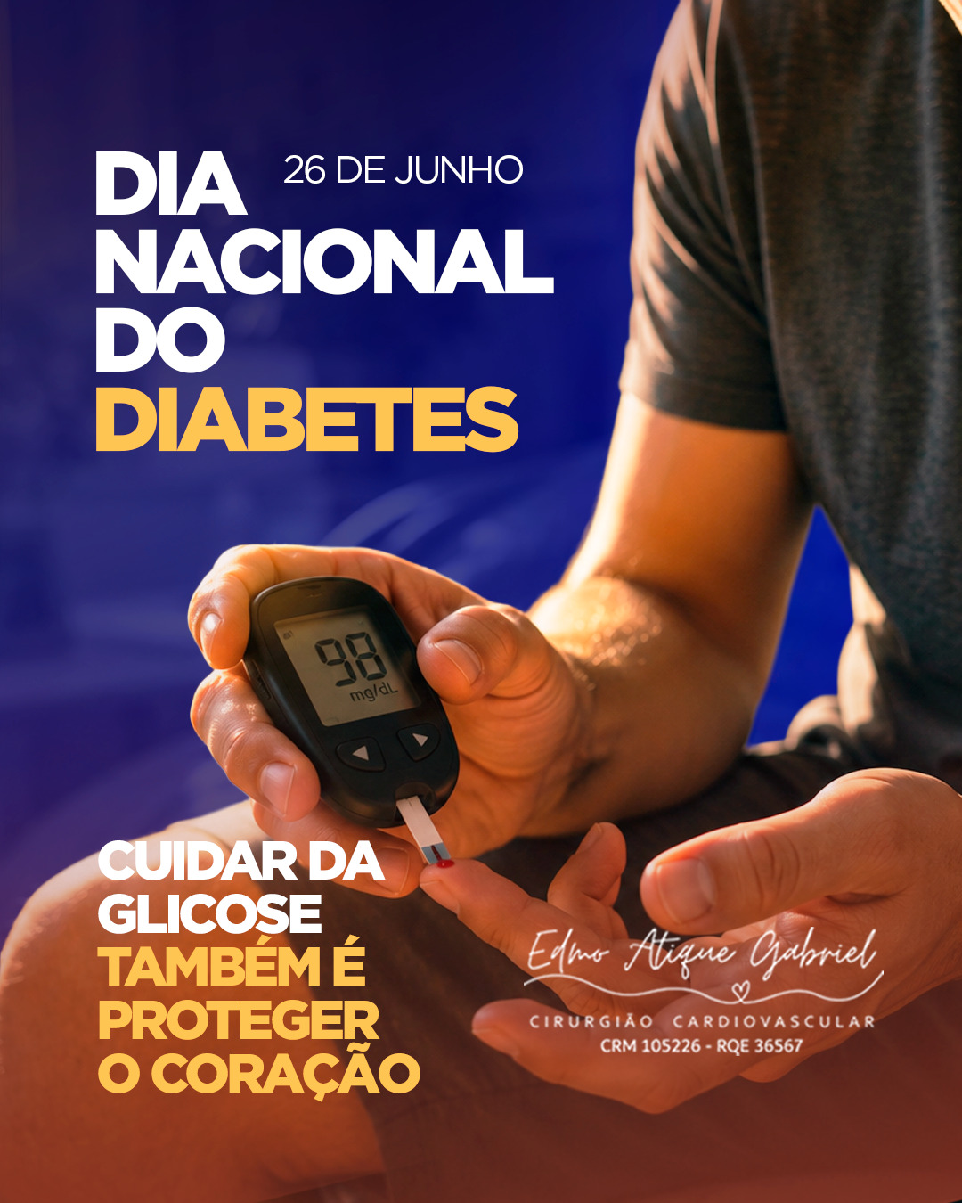 O diabetes é uma condição silenciosa que exige atenção contínua e cuidado diário.
Quando não controlado, ele pode aumentar significativamente o risco de infarto, AVC, insuficiência renal e outras complicações cardiovasculares. 🫀
Por isso, mais do que controlar a glicemia, é fundamental cuidar da saúde como um todo: alimentação equilibrada, atividade física, acompanhamento médico e exames regulares fazem toda a diferença.
No Dia Nacional do Diabetes, o alerta é claro: prevenção e controle são os caminhos para mais qualidade de vida e longevidade.
💙 Cuidar da glicose é também cuidar do coração.
Dr. Edmo Atique Gabriel - Cardiologista e Cirurgião Cardiovascular
#DiaNacionalDoDiabetes #Diabetes #SaúdeDoCoração #Prevenção #ControleGlicêmico #SaúdeCardiovascular #QualidadeDeVida #VidaSaudável #CuidarÉPrevenir #26DeJunho