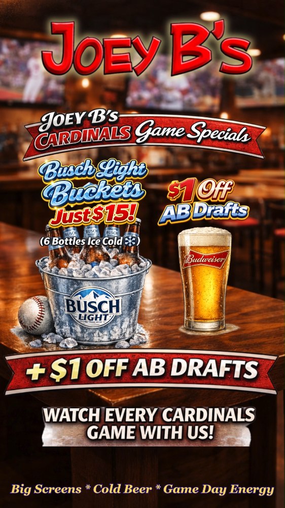 Nothing pairs better with Cardinals baseball than ice cold beer 🍺 $15 Busch Light buckets and $1 off AB drafts all game long at Joey B’s ⚾ 😍
#CardinalsNation #GameDayVibes #STLFoodie #BeerSpecials #BuschLightBuckets #ABDrafts #JoeyBs #SportsBar