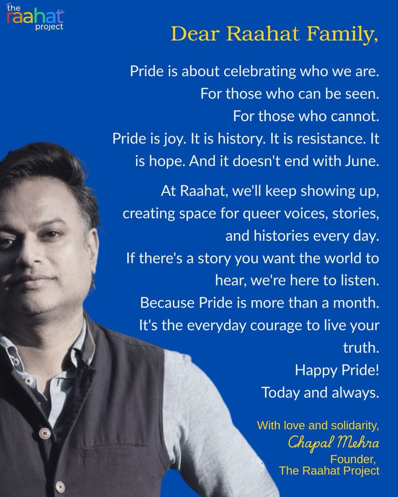 To our Raahat family: thank you for trusting us with your stories, your voices, and your journeys. Happy Pride. Today and always. 🌈💙