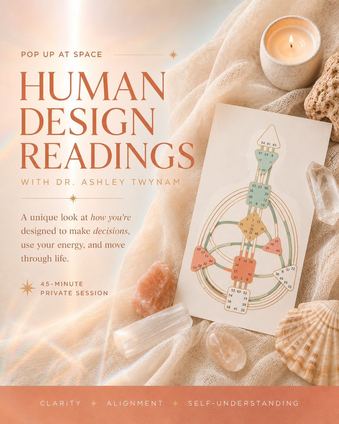 ✨ POP UP AT SPACE ✨
We're excited to welcome Dr. Ashley Twynam to Space for a special Human Design Reading Pop-Up.
Human Design is a system that uses your birth date, time, and location to generate a unique chart that can offer insight into how you're designed to make decisions, use your energy, interact with others, and move through life.
Many people describe it as being similar to astrology in that it uses your birth information, but Human Design offers its own unique framework for understanding yourself and your patterns.
What makes Ashley's approach especially interesting is her background as a Doctor of Physical Therapy and her work with nervous system health. Her readings combine the insight of Human Design with a grounded understanding of how our patterns, behaviors, and stress responses can show up in everyday life.
Whether you're completely new to Human Design or have always been curious to learn more, these 45-minute private sessions are designed to be approachable, insightful, and personalized to you.
✨ 45-Minute Private Reading
✨ Personalized Chart Review
✨ Take-Home PDF Summary
📅 Available:
• Wednesday, July 9 | 3–7 PM
• Thursday, July 20 | 3–7 PM
Space is limited and appointments are available by reservation only.
Comment HDR and we'll send you the details and booking link. 🤍