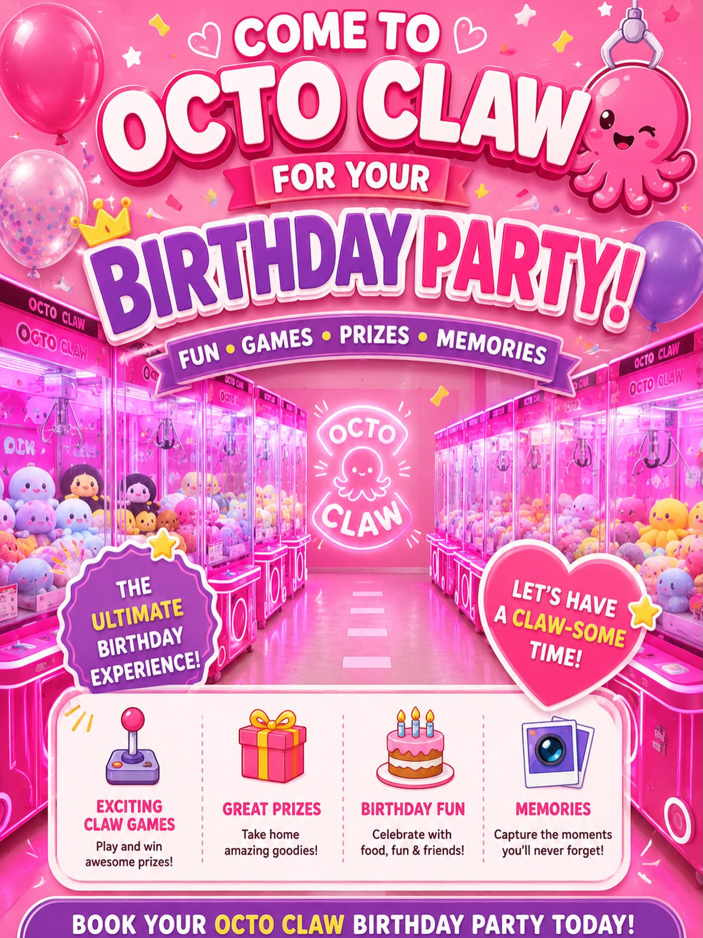 🎂✨ Looking for the perfect birthday party venue?
Celebrate your special day at OctoClaw! 🐙💖
🎮 Unlimited fun with claw machines
🎁 Exciting prizes to win
🎉 Private party atmosphere
📸 Tons of photo-worthy moments
👨👩👧👦 Perfect for kids, friends, and family celebrations
Make your birthday unforgettable with games, laughter, and amazing memories!
📍 OctoClaw Aurora
📅 Birthday party bookings now available
DM us today to reserve your party spot! 🎈
#OctoClaw #BirthdayParty #KidsBirthday #AuroraOntario #ClawMachine PartyVenue BirthdayFun FamilyFun CelebrateWithUs PartyTime