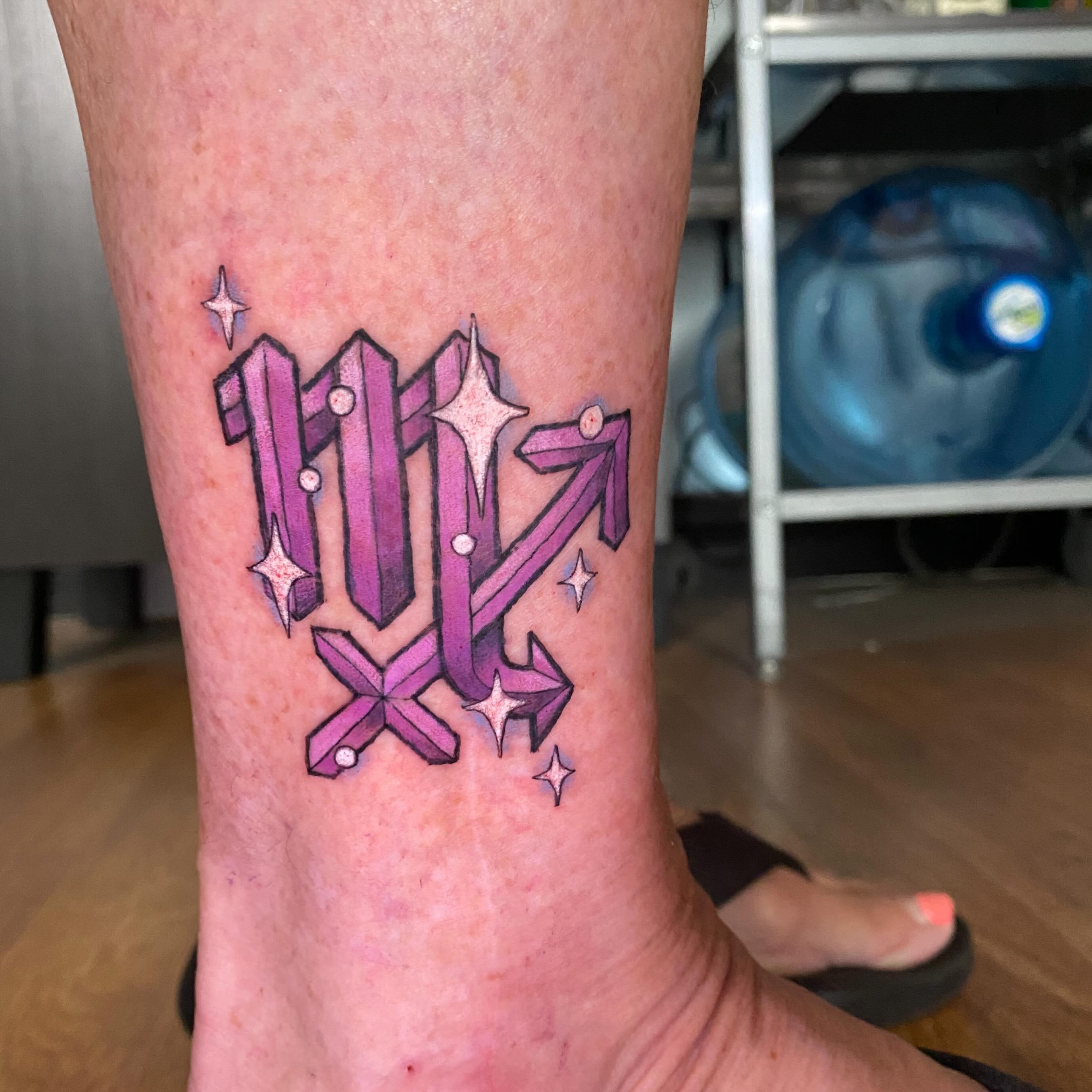 ♏️✨♐️ @sean.cox.tattoo always has a lovely time with @georgiecromarty Even though he couldn’t convince her to get a GWAR tattoo, she is always great company and she lets him sprinkle his style into her tattoos. Here’s a mashup of the astrological signs her birthday falls between. Still room for an ancient intergalactic berserker tho! #horoscope #colortattoo #scorpio #saggitarius