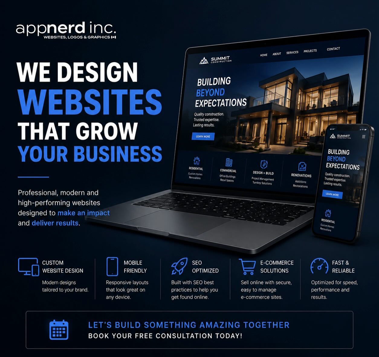 Your website is often the first impression your business makes. Make sure it’s one that customers remember. 💻✨
At AppNerd Inc., we build modern, high-performing websites designed to help your business stand out, build trust, and generate more leads.
Whether you’re launching a brand-new business or your current website is overdue for an upgrade, we’ll create a professional online presence that’s fast, mobile-friendly, and built with your goals in mind.
Our services include:
✔️ Custom Website Design
✔️ Mobile-Responsive Development
✔️ SEO Optimization
✔️ E-Commerce Solutions
✔️ Website Redesigns
✔️ Ongoing Support#
Ready to take your business to the next level?
📩 Send us a message today to book your FREE consultation and let’s build something amazing together.
#AppNerdInc #WebDesign #WebsiteDesign #WebsiteDeveloper CustomWebDesign SmallBusiness Entrepreneur BusinessGrowth SEO DigitalMarketing ResponsiveDesign Ecommerce BrandIdentity OntarioBusiness CanadianBusiness ModernWebDesign LeadGeneration ProfessionalWebsite WebDevelopment