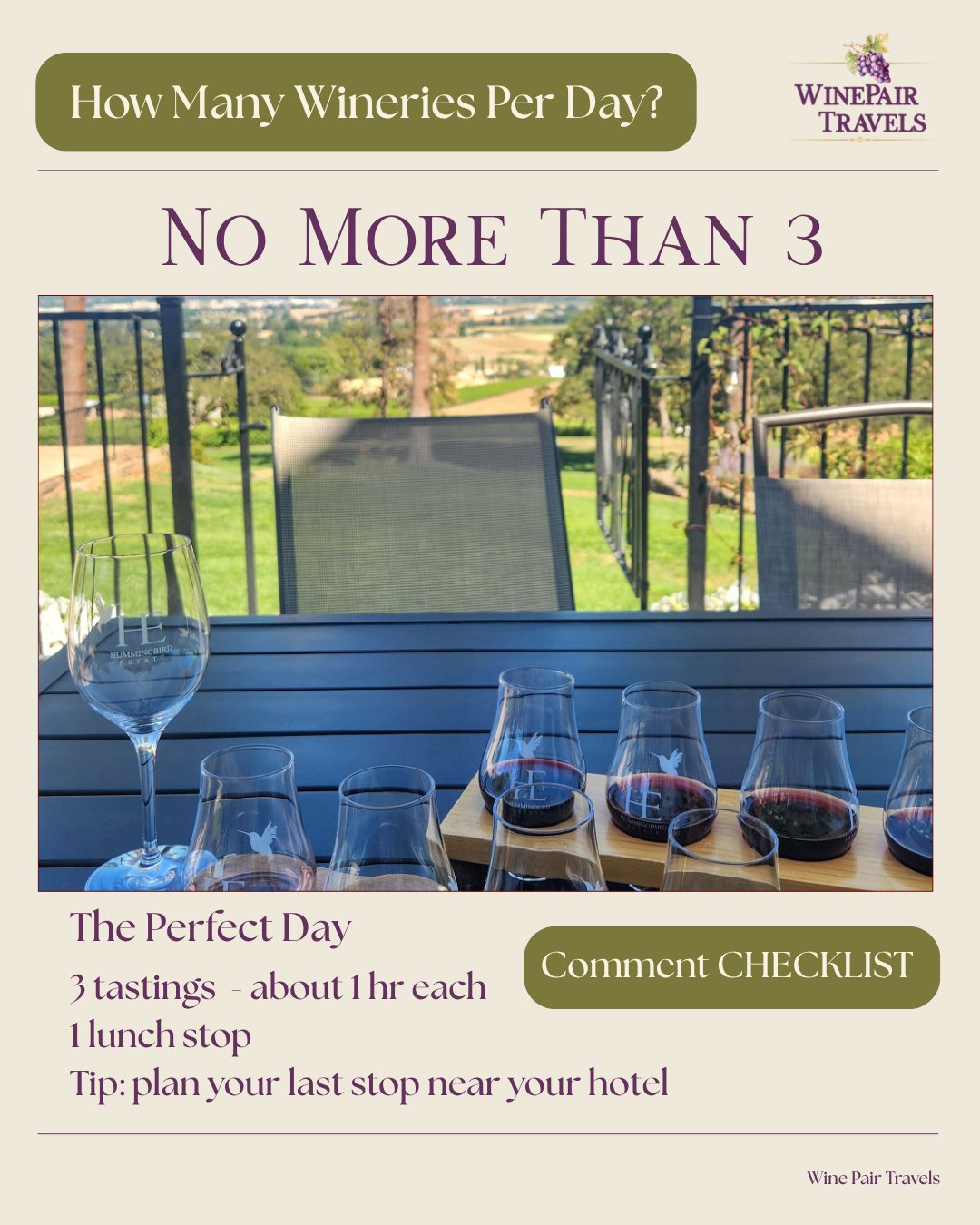 How many wineries should you visit in a day on a California wine tasting trip? Our answer: no more than three.3️⃣
Three tastings gives you about an hour at each stop, time to take in the setting, and breathing room instead of a sprint. Our day usually looks like: 3 wineries for tasting , 1 lunch stop, and we always plan our last stop near the hotel.🥂
Save this for your next trip. 🔖
#WineTastingTips #CaliforniaWineCountry #WineTravel #PasoRobles #FirstTimeWineTraveler