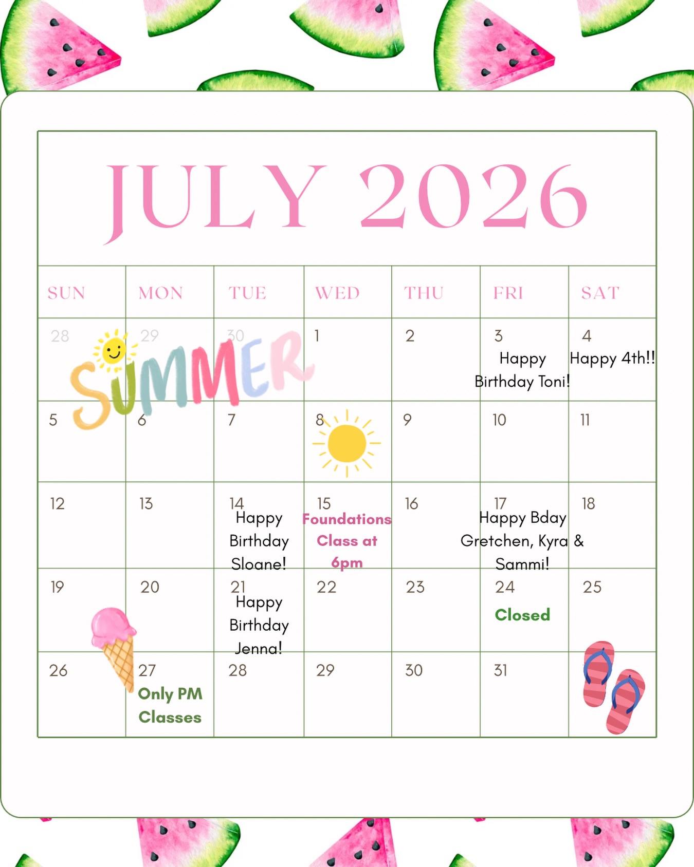 July calendar 🙌🏼⛱️
So excited to be having our first foundations class this month! It’s filling up fast so make sure to grab your spot! Link is in our bio ☀️
#hudsonma #strengthtraining #groupclass #fitness