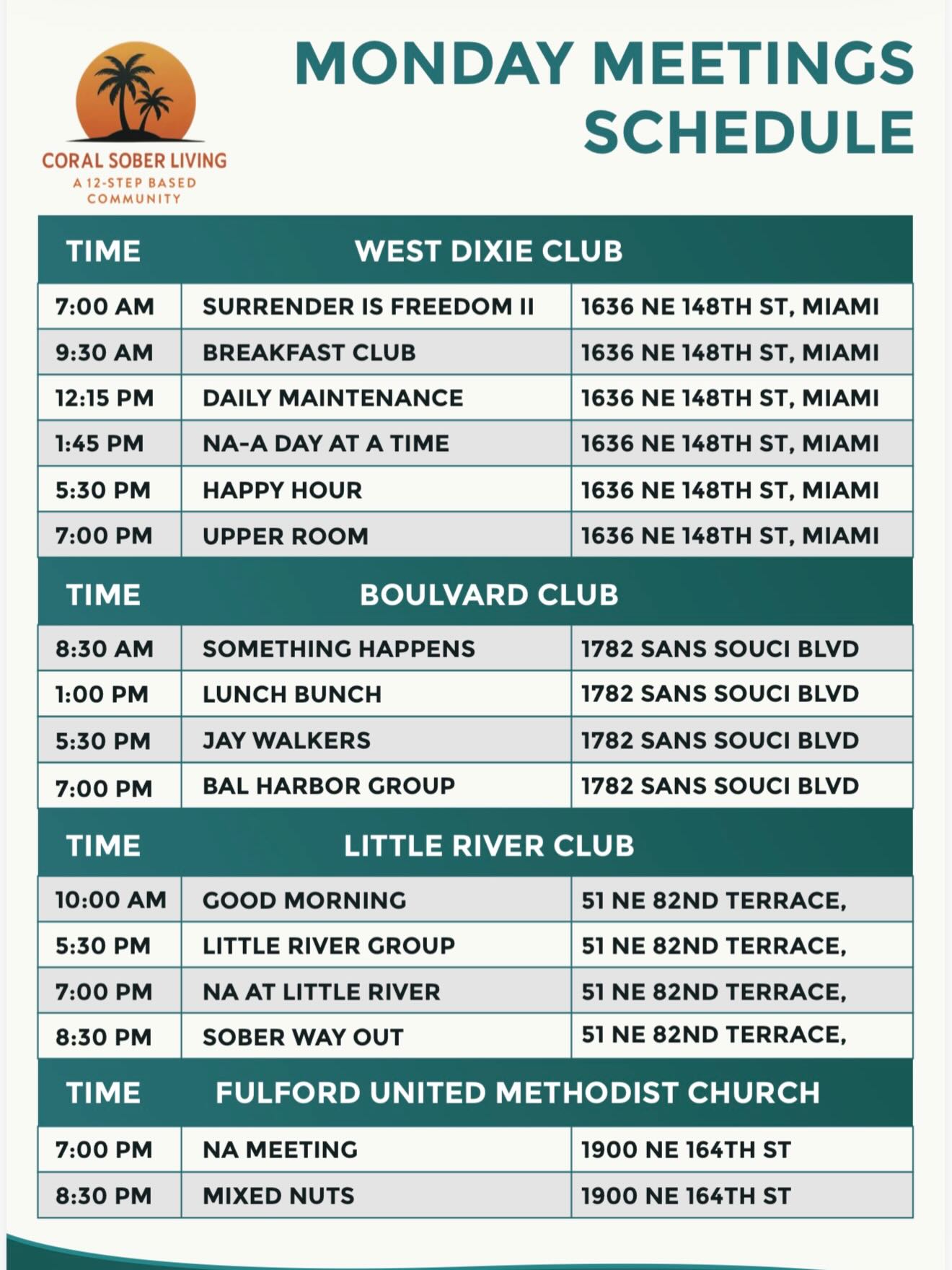 Many Meetings Many Chance. Structure breeds success. 🌅✨ At Coral Sober Living, we provide the accountability and community you need to build a rock-solid foundation for your recovery. 5 meetings a week requirement. Here is a local meeting schedule for everyone convenience. #coralsoberliving #soberliving #soberlivingmiami #aameetings #soberlife