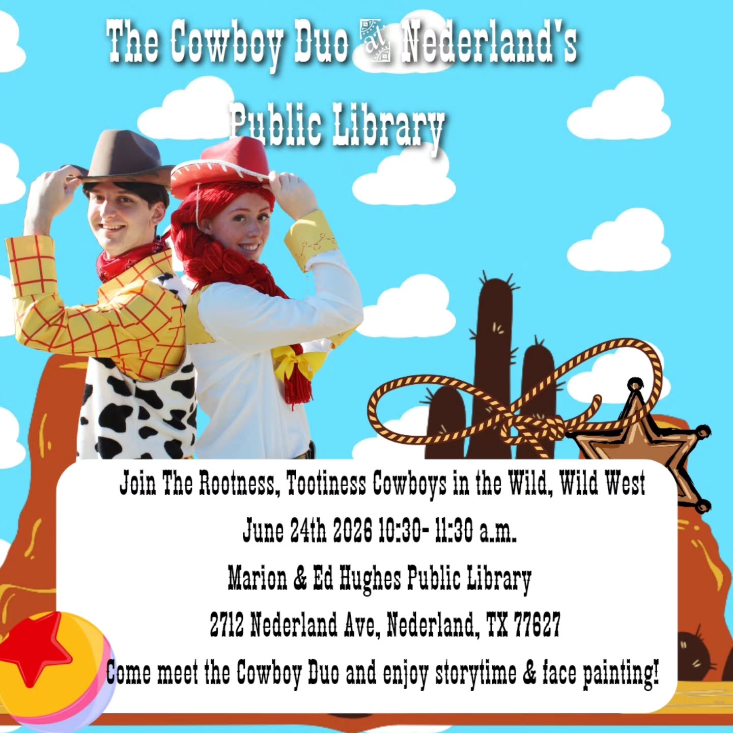 Howdy Partners!
Looking for an activity to do with the little out of the heat?!
Come join our Cowboy Duo for Storytime & free face painting!
Wednesday, June 24th, 2026
10:30-11:30 a.m.
At Marion & Ed Hughes Public Library!
We'll see you soon!
#jackandjillsstorybookco