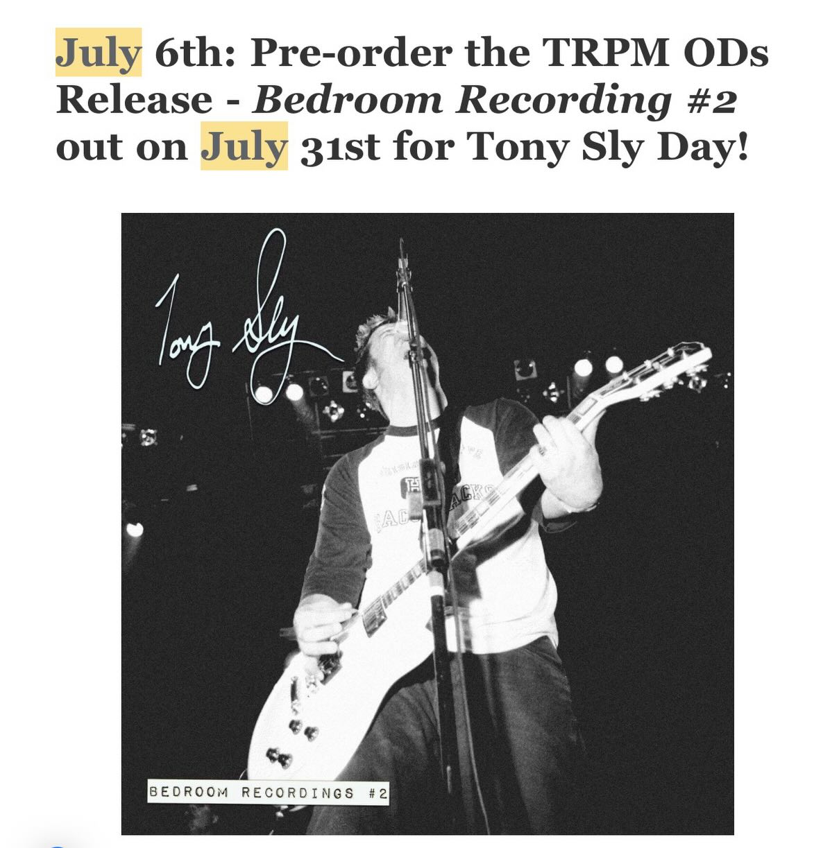 On July 31st, The Punk Rock Museum’s label TPRM ODs will release Tony Sly’s Bedroom Recordings #2 and celebrate the Second Annual Tony Sly Day! Pre-order will be available on July 6th!
The Punk Rock Museum is proud to announce the July 31st release of Bedroom Recordings #2, a collection of original demo recordings by beloved singer-songwriter Tony Sly, through the museum’s record label. The release coincides with the second annual Tony Sly Day, a museum tradition honoring the life and legacy of the late No Use for a Name frontman.
Fans can purchase the release online or in person at the museum’s record store, Vinyl Threat. These rare demos offer a raw, intimate look into Sly’s creative process and showcase the heartfelt songwriting that made him a punk rock icon.
Tony Sly Day will take place on July 31st, celebrating his lasting impact on the punk rock community. The museum invites fans, musicians, and supporters from around the world to join in honoring his memory.
For the July 31st celebration at the museum, we will present a special pop-up exhibition featuring personal artifacts curated by Tony Sly’s family.