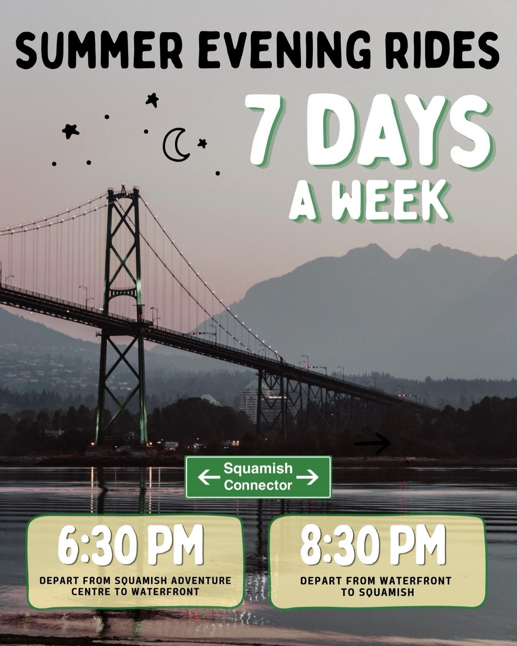☀️Summer evenings just got a whole lot sweeter! Now offering our evening rides 7 DAYS A WEEK! 🌙
Savour all of the daylight that summer has to offer, with departure from Waterfront Station to Squamish as late as 8:30pm.
Head to the link in our bio or squamishconnector.com to book now!