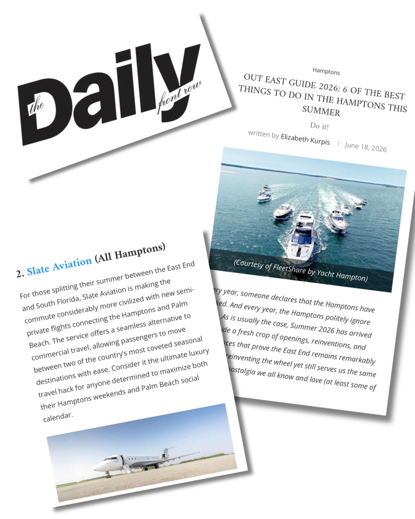 @dailyfrontrow lists @flyslate as one of the best new things about the Hamptons this summer... (and let's admit it- it beats the Jitney!)