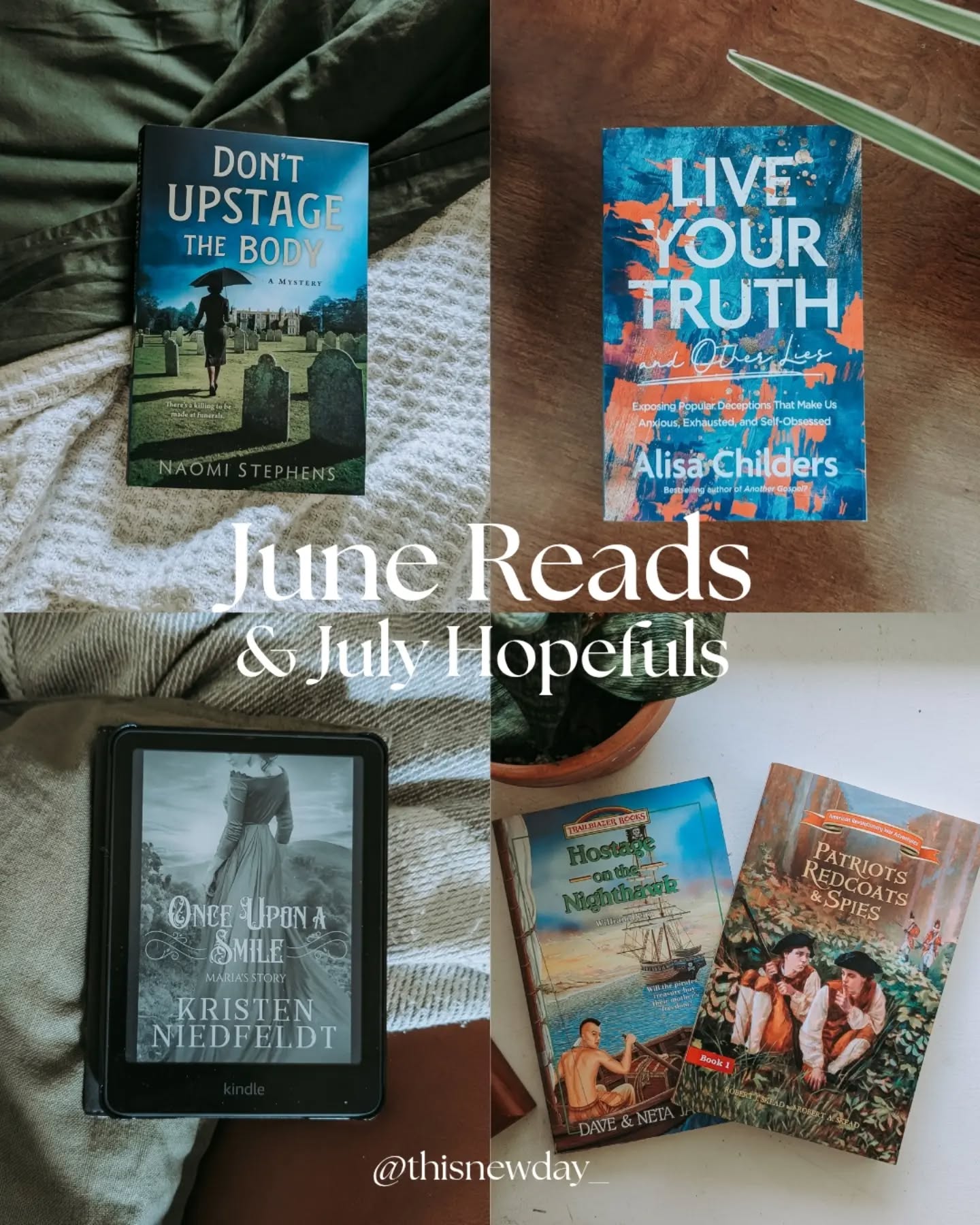 ☀️ June Reads & July Hopefuls
👋🏽 What book did you enjoy in June?
⭐ 5:
• Don't Upstage the Body by Naomi Stephens
• Once Upon a Smile by Kristen Niedfeldt
.
.
#junereads #cleanfiction
Christian book reviewer| homeschool mom | reads for women | clean fiction | clean reads | book reviews | book stack June reads |