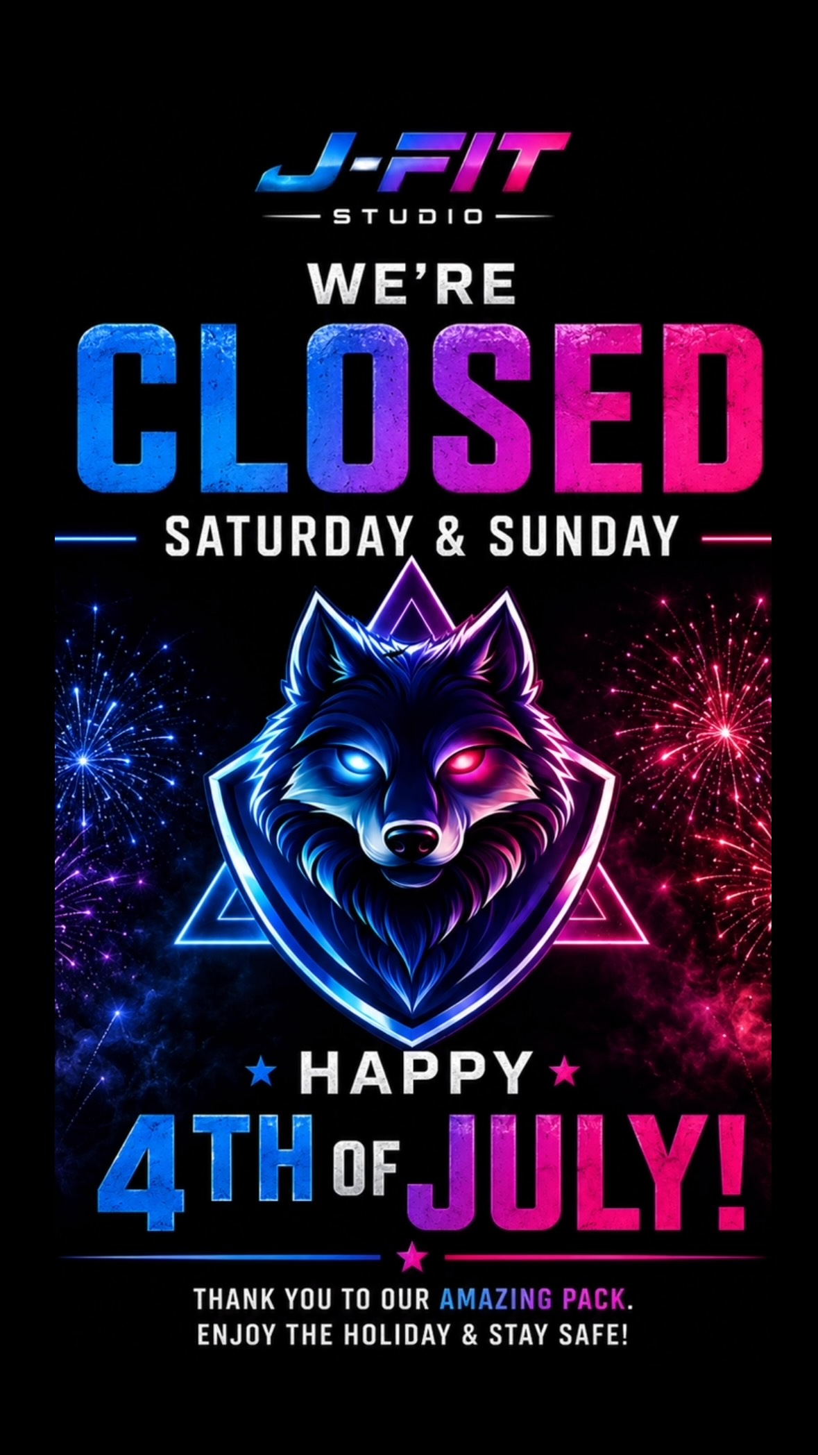 🇺🇸 Holiday Hours Reminder 🇺🇸
J-FIT will be closed Saturday & Sunday so our coaches and staff can spend time with family and celebrate Independence Day.
We hope everyone has a fun, safe, and relaxing 4th of July weekend! 🎆
We’ll be back and ready to train with you soon. Enjoy the holiday, stay active, and we’ll see you back in the studio next week! 💙💜🩷🐺
#JFITStudio #Happy4thOfJuly #IndependenceDay #LeanderTX #FitnessCommunity TrainTogether Wolfpack SeeYouNextWeek StaySafe StrongerTogether