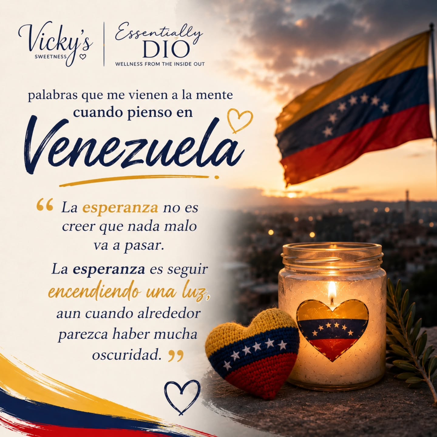 Hay días en los que las palabras simplemente no alcanzan.
Desde ayer he llorado mucho. No solo por las imágenes que he visto, sino porque Venezuela sigue siendo mi hogar, aunque hoy viva lejos de ella.
Mi familia y mis amigos cercanos están bien, y doy gracias a Dios por eso. Pero mi corazón no deja de pensar en todas esas familias que hoy lo perdieron todo... en quienes siguen esperando noticias de un ser querido, en los niños, en los ancianos, en los rescatistas que luchan contra el tiempo con recursos limitados.
Me cuesta procesarlo.
Y en medio de tantas preguntas, una frase no deja de resonar en mi corazón:
"La esperanza no es creer que nada malo va a pasar. La esperanza es seguir encendiendo una luz, aun cuando alrededor parezca haber mucha oscuridad."
Hoy entiendo que esa luz puede ser una oración.
Puede ser una mano extendida.
Puede ser una caja de alimentos.
Puede ser una donación.
Puede ser simplemente decidir no ser indiferentes.
Desde @vickyssweetness y @essentially.dio siempre he creído que las cosas más sencillas, hechas con amor, pueden transformar la vida de alguien. Hoy ese amor no está en un pan, un té o un producto de bienestar. Hoy ese amor se convierte en solidaridad con un pueblo que está sufriendo.
Sigo creyendo que Dios permanece cerca de los quebrantados de corazón.
Y sigo creyendo que, incluso en medio de tanta oscuridad, una sola luz puede inspirar a otra... y luego a otra... hasta iluminar el camino de alguien que hoy siente que lo perdió todo.
Venezuela, seguimos orando por ti.
No estás sola. 🤍🇻🇪