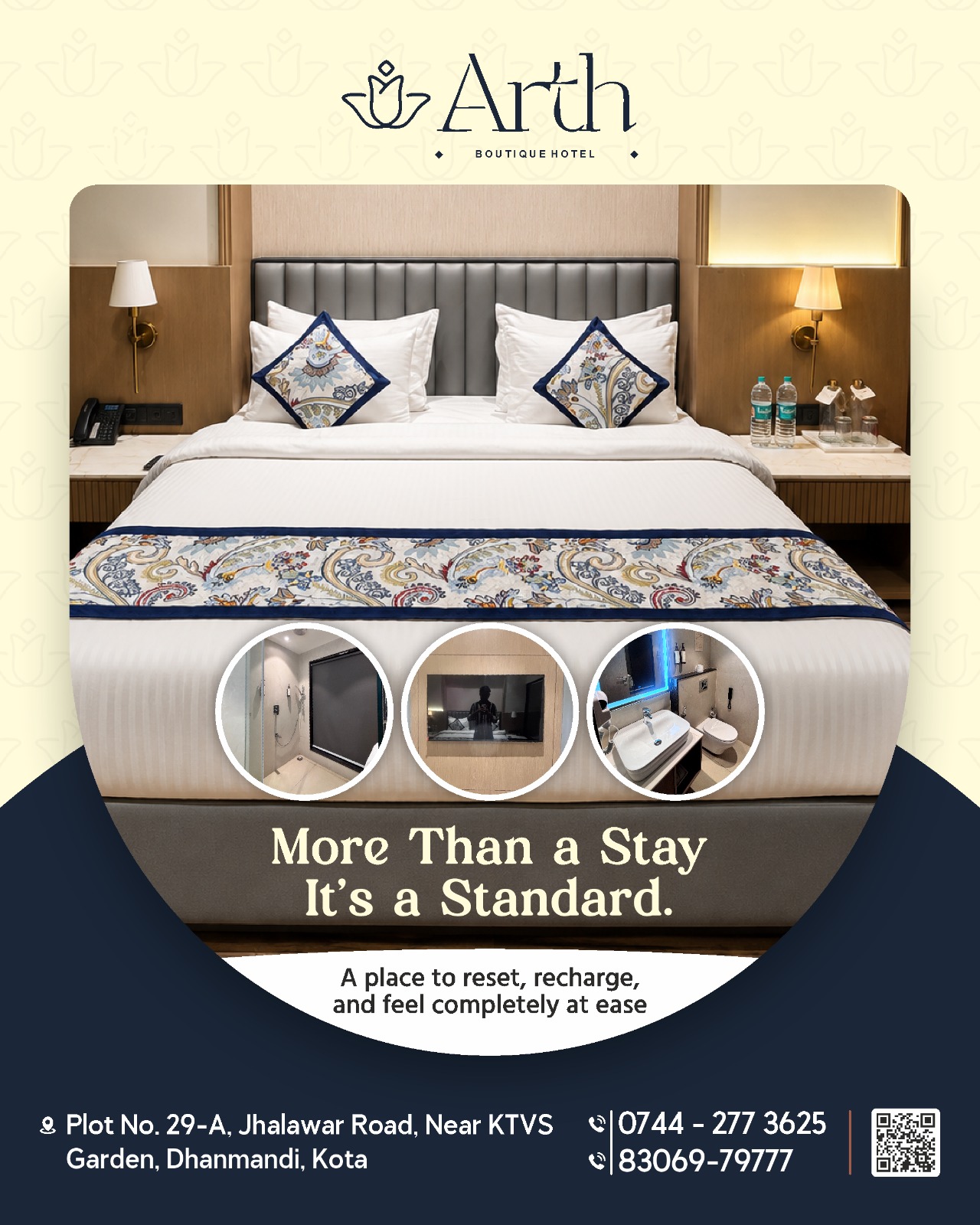 ✨ More Than a Stay, It's a Standard. 🛏️
Experience comfort, elegance, and hospitality—all under one roof at Arth Boutique Hotel. 💙
📍 Plot No. 29-A, Jhalawar Road, Near KTVS Garden, Dhanmandi, Kota, Rajasthan
📞 0744-277 3625 | 83069-79777
🌐 www.arthboutiquehotel.com
.
.
#ArthBoutiqueHotel #LuxuryStay #HotelInKota #StayInStyle #ComfortRedefined #KotaHotels #Hospitality #VisitKota