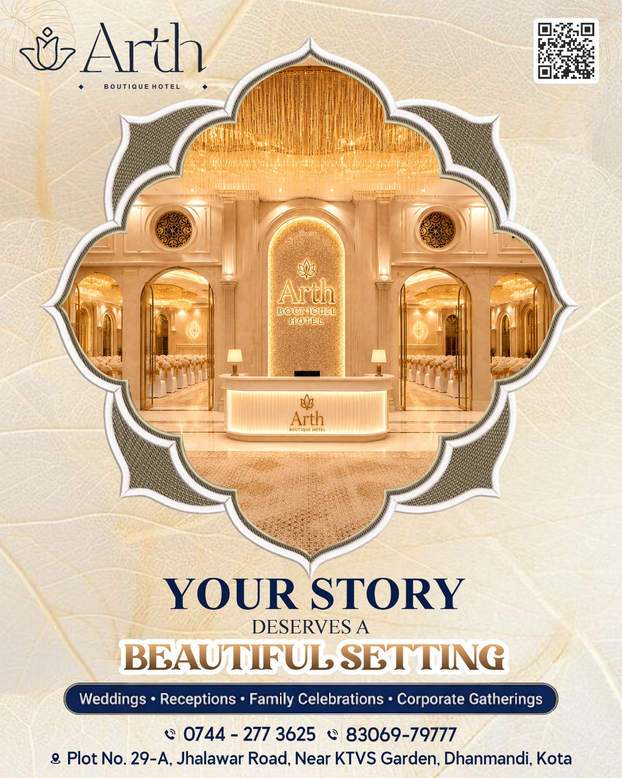 ✨ Har Celebration Ko Banayein Yaadgaar! ✨
Weddings, receptions ya special gatherings — Arth Boutique Hotel mein har event ko milta hai elegance aur perfection ka touch. 💫
📍 Plot No. 29-A, Jhalawar Road, Near KTVS Garden, Dhanmandi, Kota, Rajasthan
📞 0744-277 3625 | 83069-79777
🌐 www.arthboutiquehotel.com
.
.
#ArthBoutiqueHotel #WeddingVenue #LuxuryEvents #ReceptionVenue #DestinationWedding #FamilyCelebrations #CorporateEvents #KotaHotels