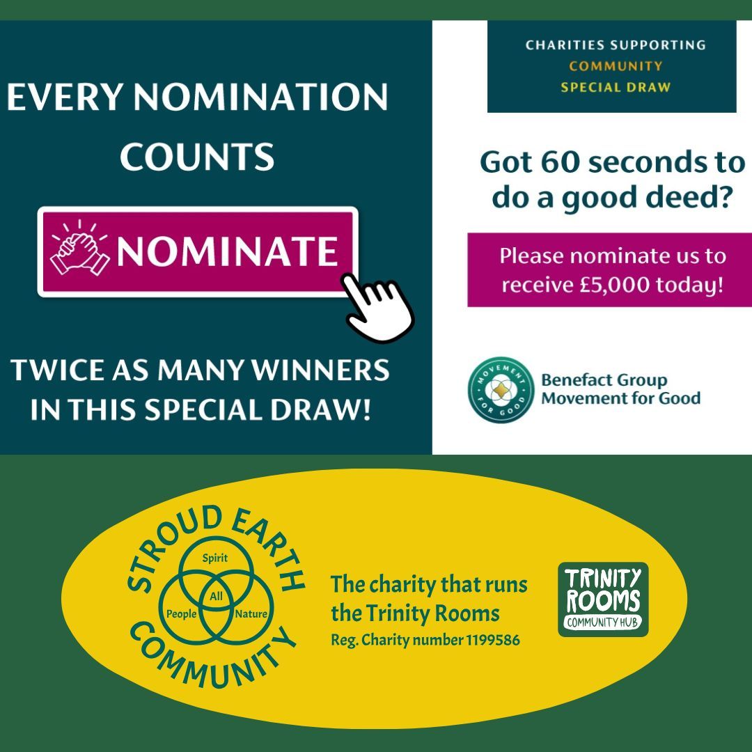 We'd be so very grateful for you to spare a moment and nominate us today.
Copy and paste the link below and enter our Trinity Rooms Community Hub into the Community Special draw for free using our registered charity name - Stroud Earth Community: 1199586
https://shorturl.at/K9fnR
Thank You!
#Stroud #SupportLocal #Gloucestershire #MakeADifference #CommunityHub