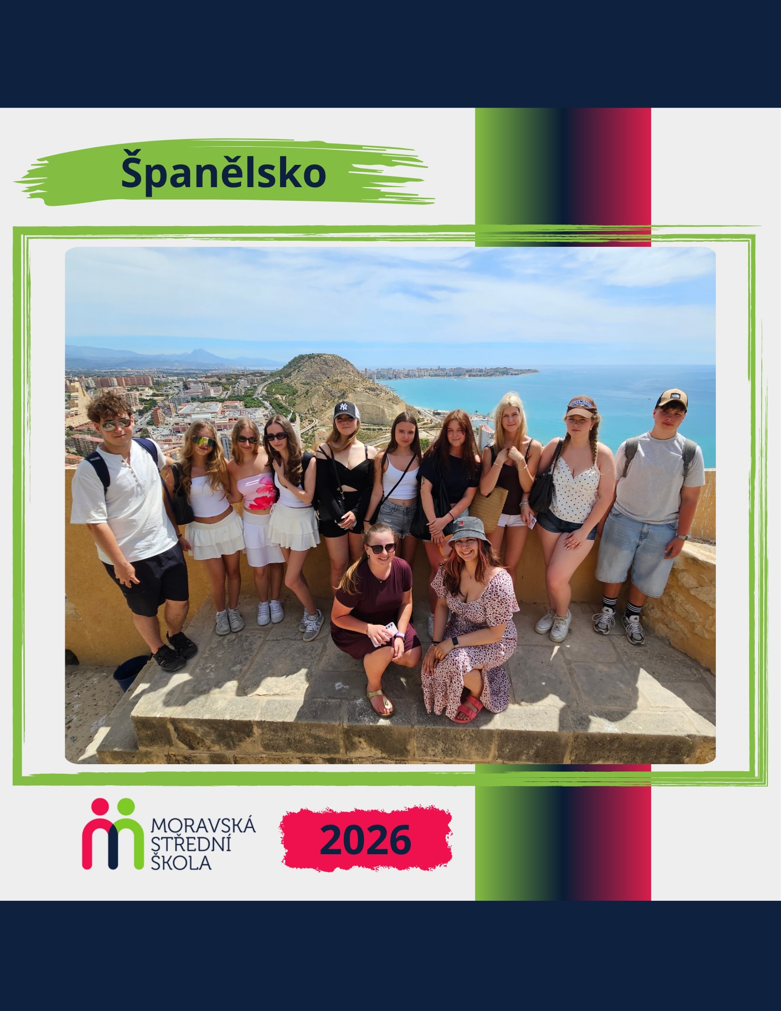 🇪🇸☀️ Španělsko – Benidorm 2026
Deset studentů z tříd PMP1 a EM1 strávilo týden ve španělském Benidormu, kde spojili poznávání místní kultury s výukou španělštiny. Pod vedením rodilého mluvčího Alfonsa si rozšířili své jazykové dovednosti a na závěr obdrželi certifikát o absolvování kurzu.
Součástí programu byl celodenní výlet do Alicante s návštěvou hradu Castillo de Sant Bárbara, malebné čtvrti Barrio de Santa Cruz i místního trhu. Nechyběla ani prohlídka Benidormu s vyhlídkou Mirador del Castell a kostelem Església de Sant Jaume i Santa Anna.
Studenti navštívili také zoo Mundomar, užili si koupání v průzračném moři i v bazénu a ochutnali tradiční španělské speciality, jako jsou tortilla de patatas, churros nebo jamón serrano.
🇪🇸🌊🌴
#Benidorm #Spanelsko #ErasmusPlus #JazykovyKurz #ZazitkyNaCelyZivot