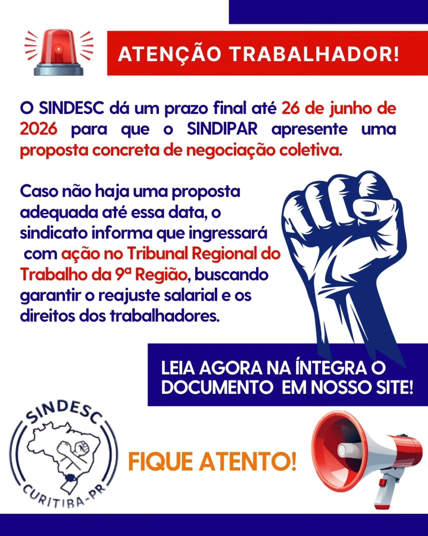 🚨 Negociação coletiva: o SINDESC estabelece prazo final para apresentação de proposta pelo SINDIPAR.
Após quase dois meses de negociações, o SINDESC encaminhou novo ofício ao SINDIPAR, estabelecendo o dia 26 de junho de 2026 como prazo final para a apresentação de uma proposta que atenda aos interesses dos trabalhadores.
📄 Confira o ofício completo em nosso site.
clique e veja agora> www.sindescsaude.com.br