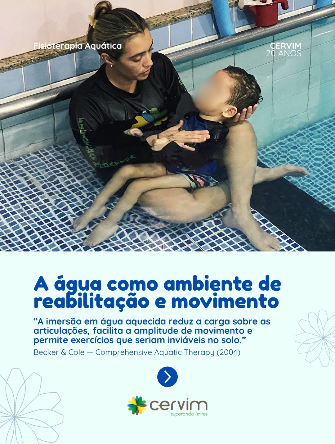 Na água, cada movimento ganha novas possibilidades. 💙
A fisioterapia aquática promove fortalecimento, equilíbrio, coordenação e funcionalidade com mais conforto e segurança, respeitando o ritmo de cada paciente.
#FisioterapiaAquática #Reabilitação #CuidadoIntegrado #CERVIM20Anos