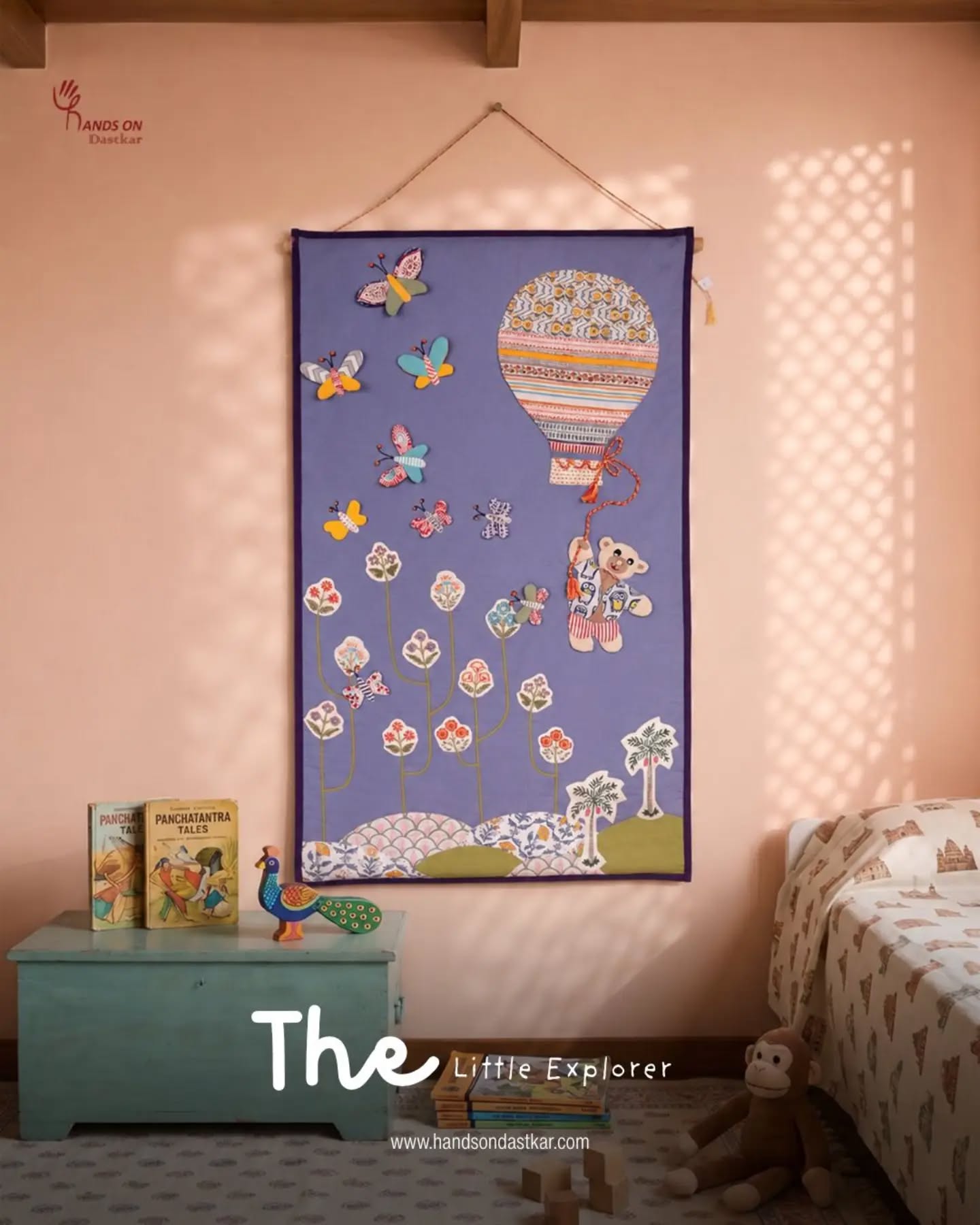Step into a world where teddy bears can fly and imagination knows no limits. The Little Explorer brings together rich purple hues, delicate butterflies, and blooming flowers to create a whimsical scene straight out of a storybook.
#HomeDecor #Handmade #BlockPrint #UpcycledTextiles #SustainableDesign
Handcrafted from salvaged block-printed fabrics and colourful cloth patches, every detail is thoughtfully pieced together, making each wall hanging truly one of a kind.
#HandmadeInIndia #teddy #kidsroom #decor #upcycle
The deep purple tones add a sense of enchantment, while the vibrant motifs invite you to believe in a world where anything is possible✨
#Summershopping #recycle #printed #crafts #HandmadeHome
The playful teddy bear gliding through this dreamy landscape captures the magic of adventure and the wonder of childhood fantasies.
#art #bestoutofwaste #wallart #textileart #crafttraditions