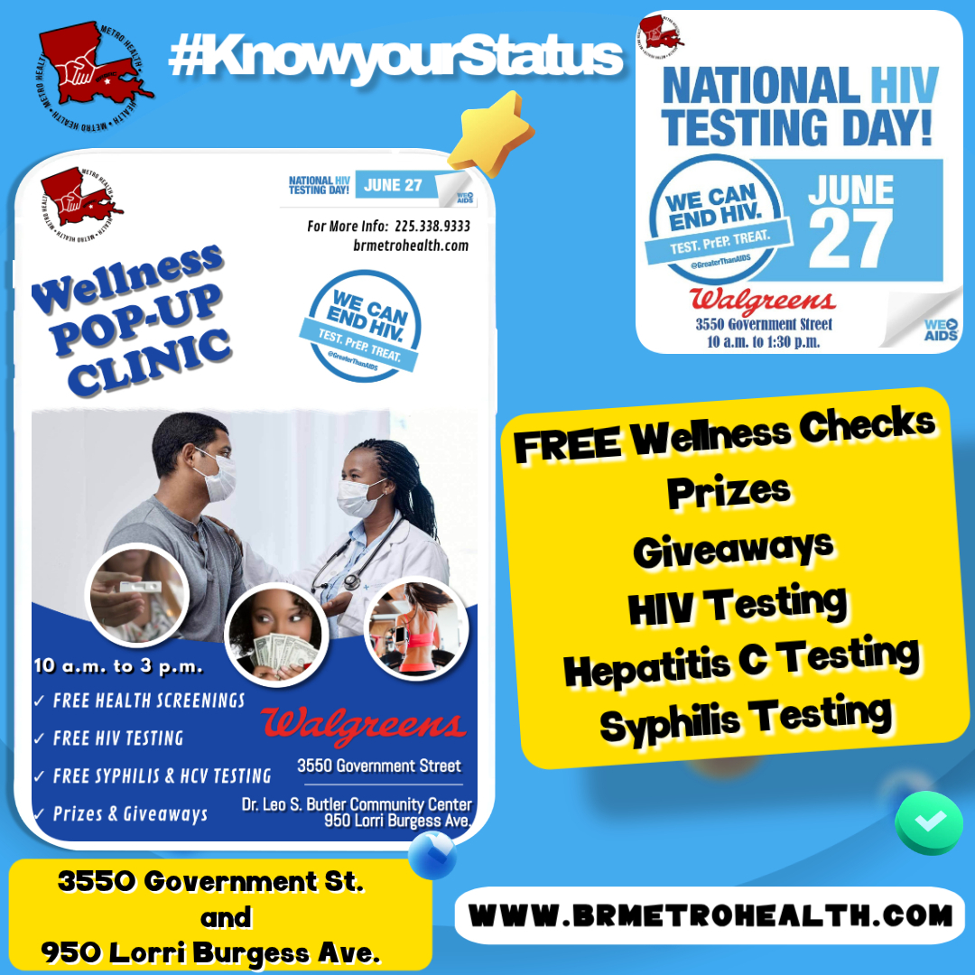 Saturday, June 27, is National HIV Testing Day! We will be at @walgreens (3550 Government Street) from 10:00 AM β 1:30 PM providing FREE rapid HIV, Hepatitis C, and Syphilis testing to the public.
Knowing your status is an important step in taking charge of your health. Stop by, get tested, and help us spread awareness in our community!
π @walgreens β 3550 Government Street
β° 10:00 AM β 1:30 PM
#NationalHIVTestingDay #KnowYourStatus #HIVTesting #HepCTest #SyphilisTesting #brmetrohealth #WeOutside #FREEprizes #wellnesschecks