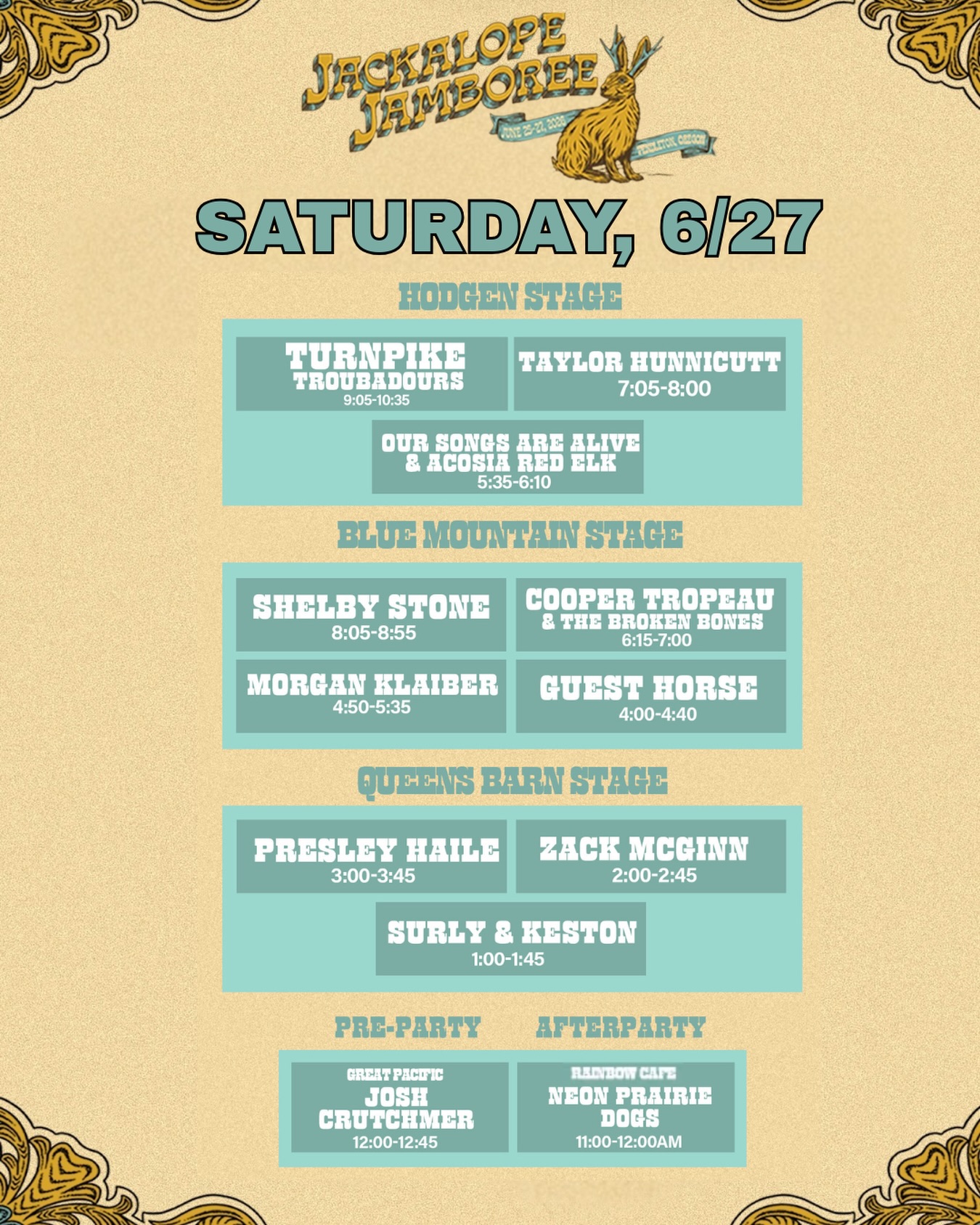 Day 3 is here! Let’s finish things off strong y’all!
From the Pre-Party at @thegreatpacific with @jscrutchmer all the way to the Afterparty with @theneonprairiedogs at @therainbowcafeandbar , we’re closing out Jackalope Jamboree with one incredible day of music!
From @presleylynhaile to @theshelbystone to @taylorhunnicuttmusic, the music just keeps building until tonight’s headliner, @turnpiketroubadours!
📲 Screenshot today’s schedule so you don’t miss a set.
Let’s make the final day one to remember. See y’all out there!