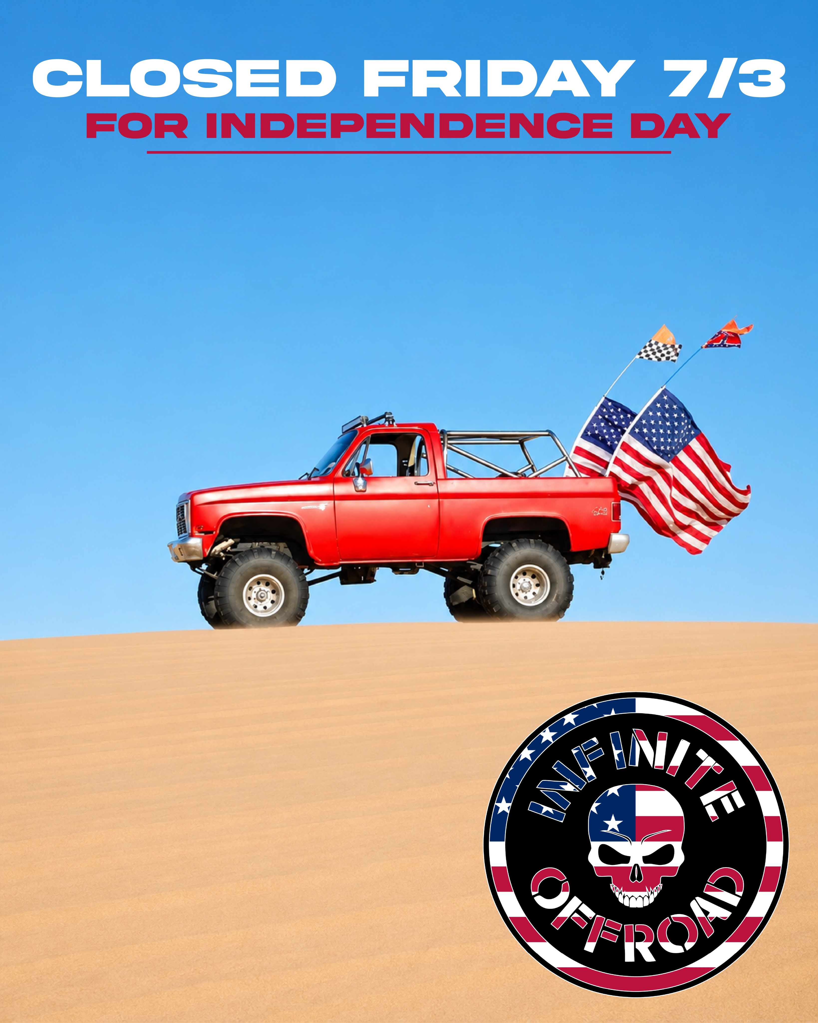 We will be closed Friday 7/03 for Independence Day. All orders will ship out as normal on Monday 7/06. Be on the lookout for our July 4th sale coming soon! Happy 250th America!