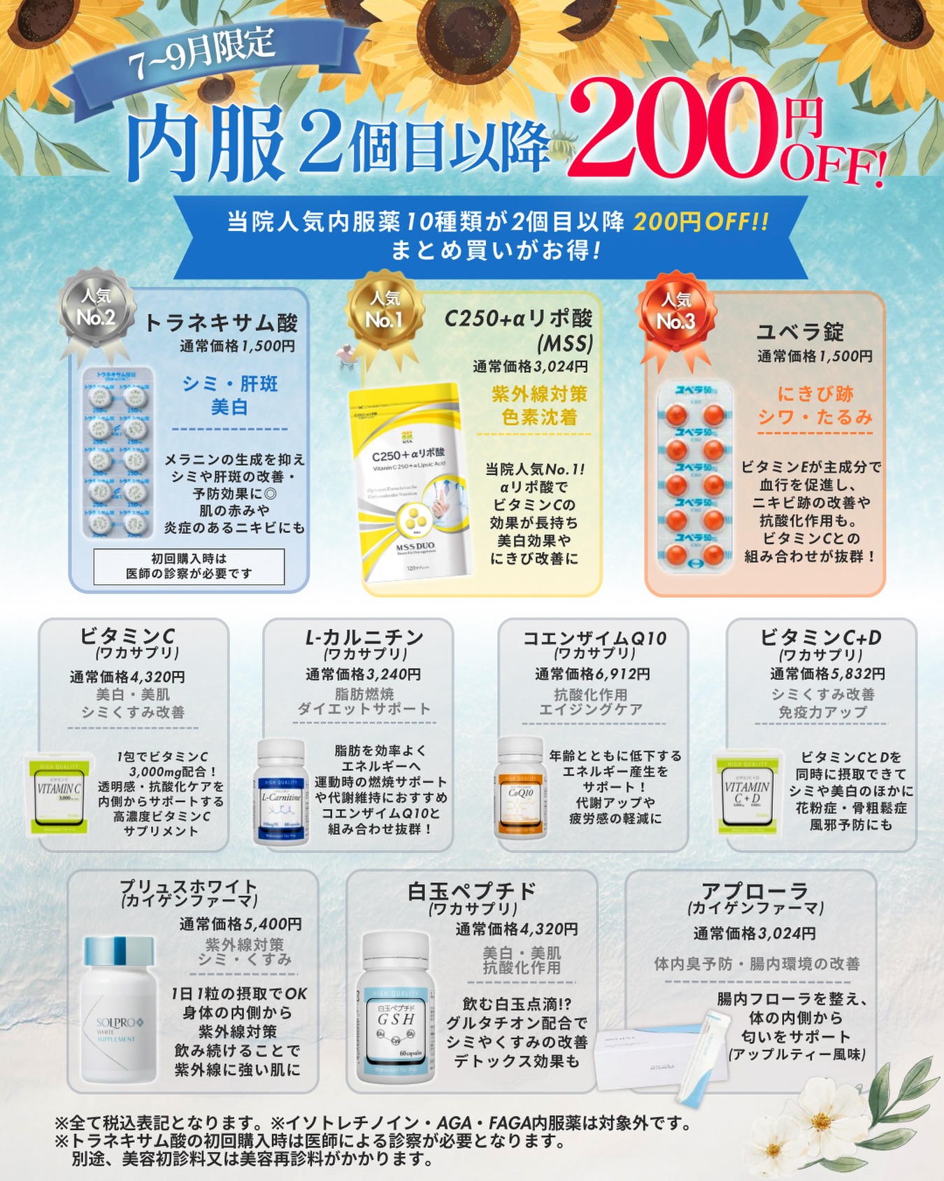 .
7月から3ヶ月連続キャンペーン
第3弾は美容内服2点目以降200円off🌻
まとめ買いがお得🉐
「気になっていた内服を一緒に試したい」
「継続して飲みたい」
そんな方におすすめのキャンペーンです^^
当院人気内服top3🌟
🥇 C250+αリポ酸(MSS)
▶ 紫外線対策・色素沈着・美肌ケア
🥈 トラネキサム酸
▶ シミ・肝斑・美白ケア
🥉 ユベラ錠
▶ ニキビ跡・シワ・たるみケア
その他にも…
✔ ビタミンC
✔ ビタミンC+D
✔ L-カルニチン
✔ コエンザイムQ10
✔ ソルプロプリュスホワイト
✔ 白玉ペプチド
✔ アプローラ
など計10種類の内服薬がキャンペーン対象です💊
※イソトレチノイン、AGA・FAGA内服薬は対象外です。
※トラネキサム酸を初めて購入される方は医師の診察が必要です。別途、美容初診料または美容再診料がかかります。
お気軽にスタッフまでご相談ください😊
#浅草橋蔵前皮膚科 #一般皮膚科 #美容皮膚科 #美容内服