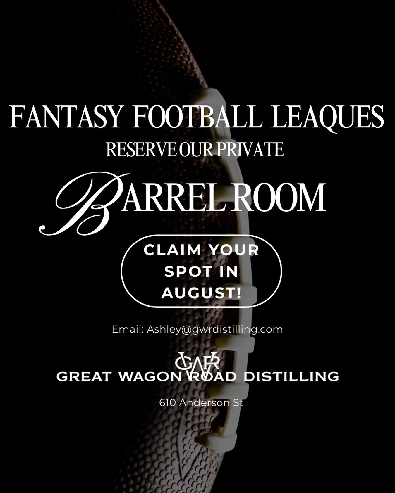 🏈 Fantasy football season is almost here! 🏆
Looking for the perfect place to host your draft? Reserve our private Barrel Room this August and make draft day one to remember.
🍕 In-house pizza
🍸 Handcrafted cocktails
🅿️ Plenty of FREE parking
🏈 The ultimate spot for your league to eat, drink, and draft.
Spots are limited—email mailto:Ashley@gwrdistilling.com to reserve your date today!
#FantasyFootball #FantasyFootballDraft #DraftDay #CharlotteNC #NoDa
