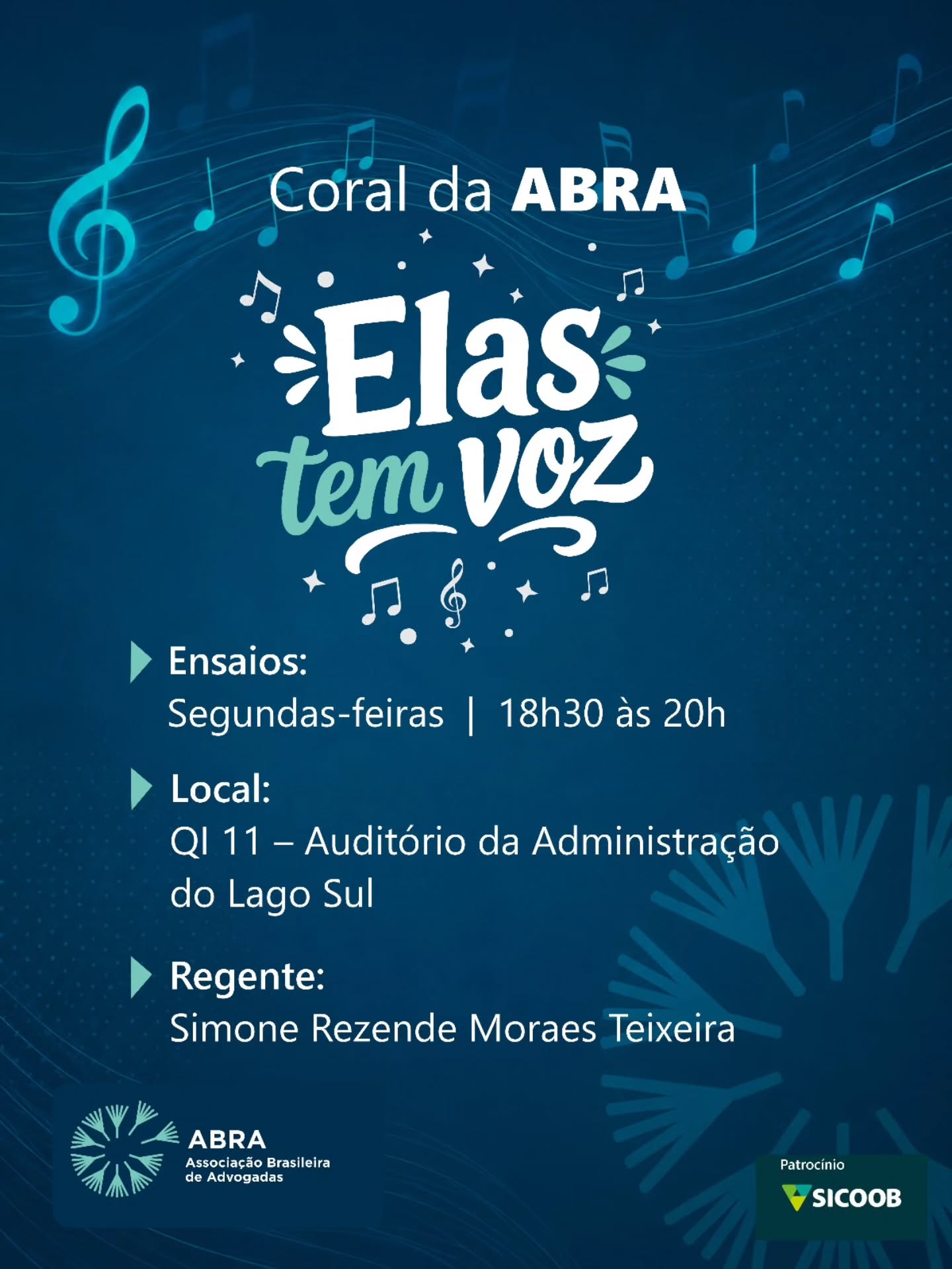 Coral Elas Têm Voz
📍 Ensaio: Segundas-feiras, das 18h30 às 20h
📌 Local: Auditório da Administração do Lago Sul – QI 11
🎹 Regência e Piano: Simone Rezende Moraes Teixeira
A maestrina Simone Teixeira conduz um trabalho detalhado com o coral, que inclui aulas de canto, técnica vocal, respiração, leitura de partituras, gravação de kits de voz, arranjos personalizados para coro feminino e organização de apresentações.
Patrocínio: Sicoob