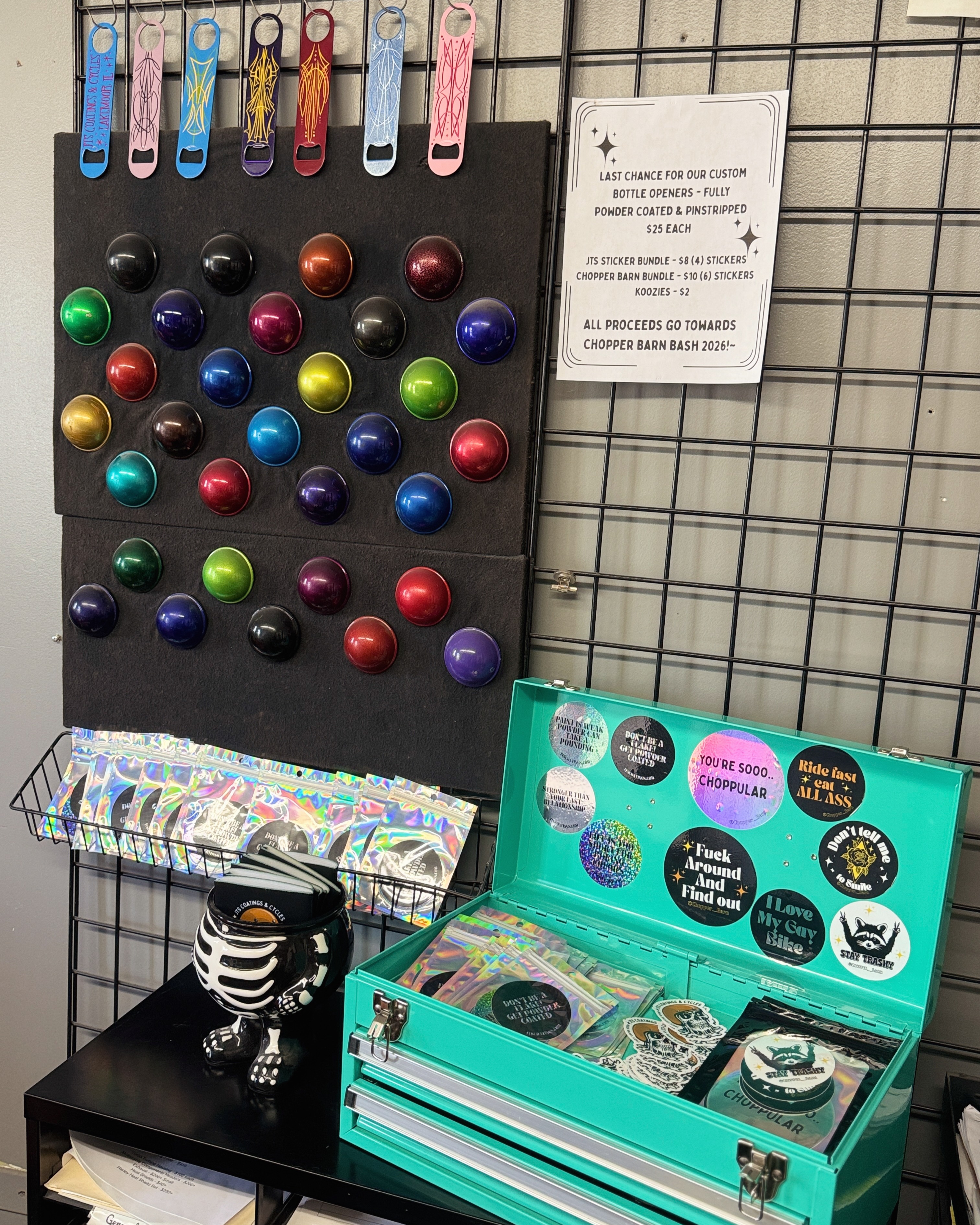 Last chance for our CUSTOM
Bottle openers - Fully Powder Coated & Pin-stripped $25 Each
JTS Sticker Bundle - $8 (4) stickers
Chopper barn bundle - $10 (6) Stickers
koozies - $2
All proceeds go towards
Chopper barn bash 2026!~
Stop by the shop! Monday-Friday