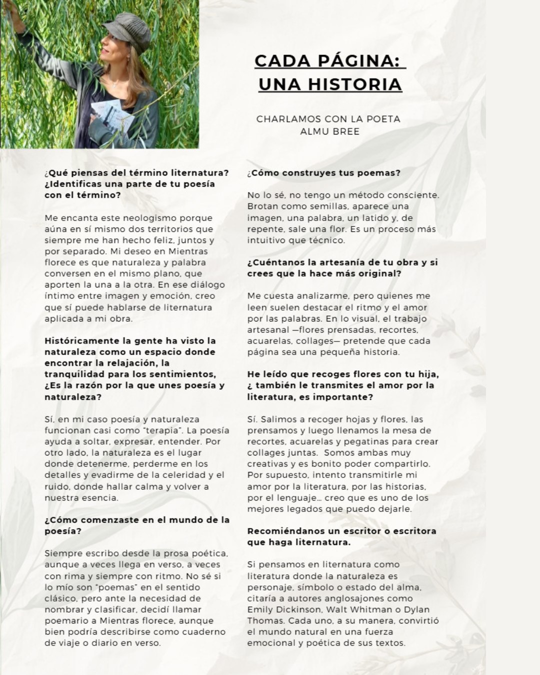 Muchas gracias a la @revistaalikindoi por esta bonita entrevista sobre literNatura y poesía. Ha sido un placer conversar y compartir el corazón de mi trabajo. 🌼✍️
#liternatura #poesía #AlmuBree