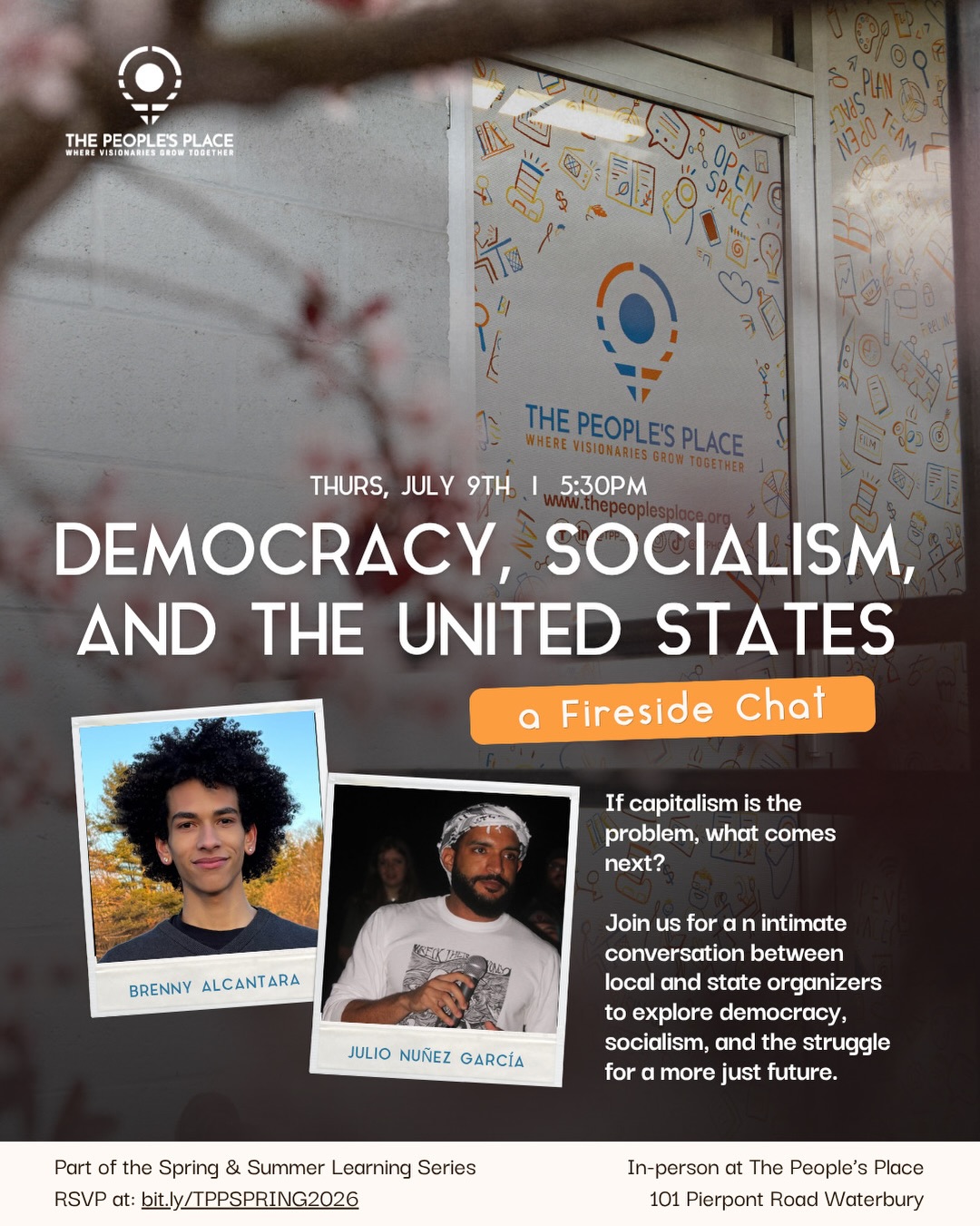 As the United States approaches its 250th year, and more than 400 years of settler colonial occupation continue to shape life on this land, there is no better time to revisit the ideas, movements, and struggles that have challenged the status quo and expanded our understanding of democracy.
Join us for the third installment of our Spring & Summer Learning Series, Democracy, Socialism & the United States, a fireside conversation exploring why socialism has been systematically marginalized in American political life, how capitalism and democracy became intertwined in the national imagination, and what futures become possible when we begin to imagine an economy organized around people rather than profit.
🎙️ Featuring Brenny Alcantara (@potus_brenny), Waterbury environmental justice organizer, and Julio Nuñez García (@julio_nunez_garcia), member leader with the Connecticut chapter of the Democratic Socialists of America (@ct.dsa).
📅 Thursday, July 9, 2026
🕠 5:30pm - 7:30pm
📍 The People’s Place | Waterbury, CT
👨🏾🍳 Food by @papis__kitchen
📲 Register today: bit.ly/TPPSPRING2026
#linkinbio #Waterbury #CT