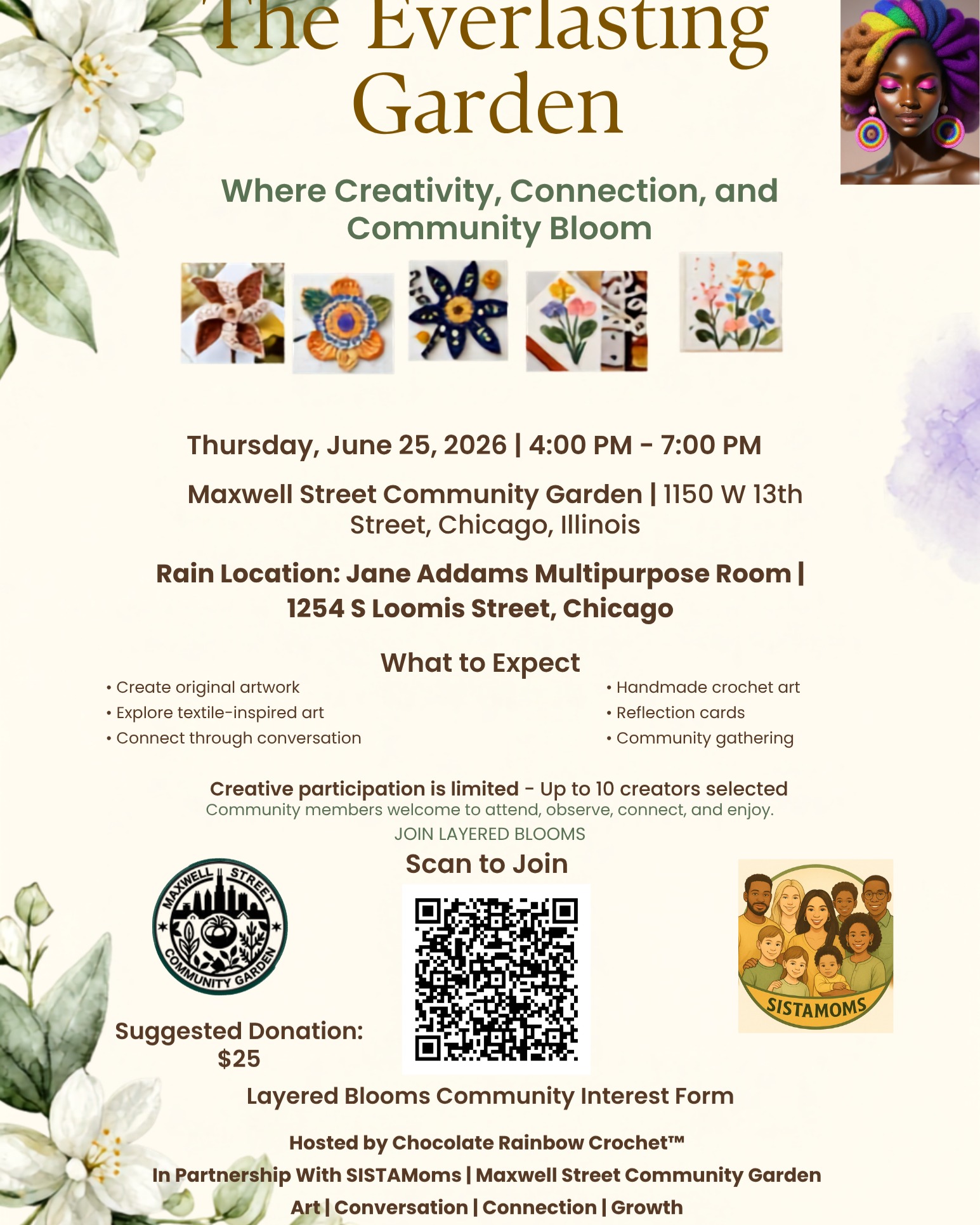 Please consider joining one of our community partners for this event in @maxwellstgarden - The Everlasting Garden with Layered Blooms. This event is an opportunity to gather, reflect, and create original art work that explores textile inspired handmade crochet art. Spots are limited - please register in the link provided in QR on the flyer @sistamoms_global