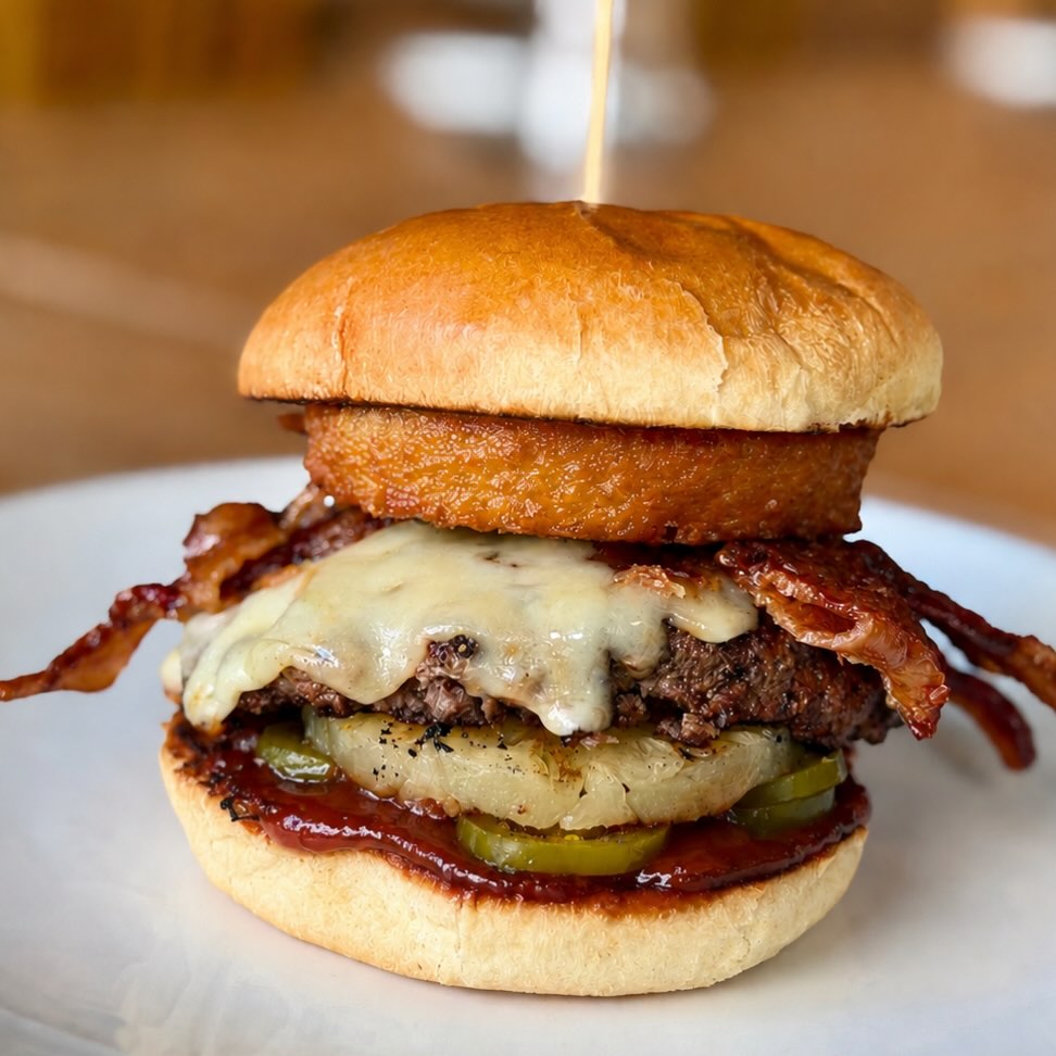 Lunch Feature: Pineapple Rum BBQ Burger
Upcoming Nee Menu item:
8oz Angus beer patty, white cheddar cheese, smoked bacon, crispy onion ring, pickled jalapeños & Spiced Rum pineapple BBQ sauce on toasted brioche
Soup: Tuscan Chicken
Catch: Triple tail