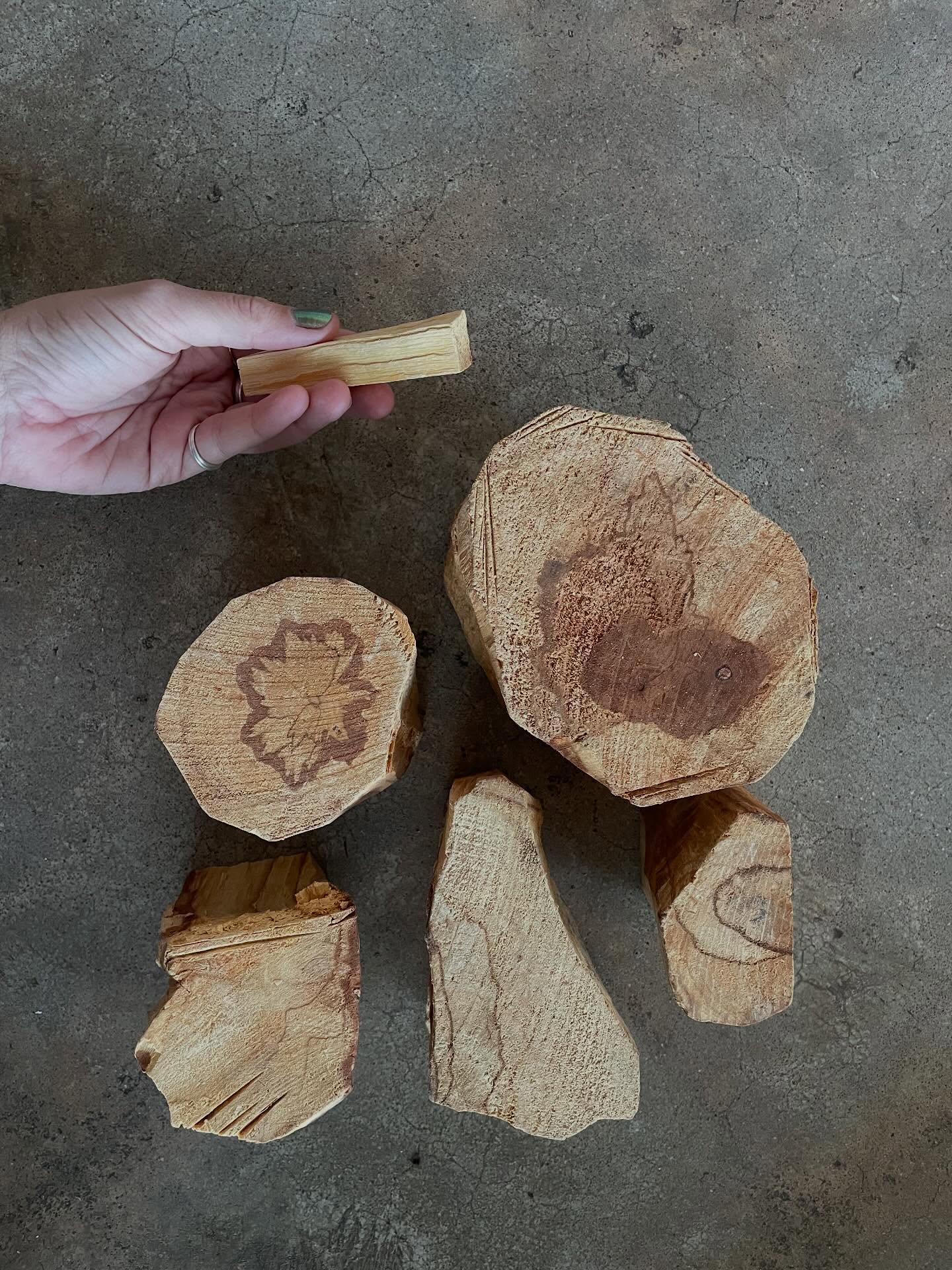 WAIT, WHY DO YOU SELL PALO SANTO?
Long story short, because it’s amazing and we wanna make sure there is a responsible way to buy this SPECIAL wood.
Properly sourced Palo Santo comes from branches that have died and fallen naturally, sitting on the forest floor for 3–5 years to develop its heavenly scent. We get our Peruvian harvested Palo Santo in log form and chop it ourselves. Every chop and chunk is different. We use Palo Santo around here mostly for it’s hypnotic scent and it’s ability to clean and reset a room with it’s smokey whispers. It has an undeniable mystique and some even use it in their personal spiritual practices.
Now you know.
Swipe for some chop ASMR and remember if you gatta have it- source it responsibly.
P.S. That lotus🪷shape in the log center is 🤯