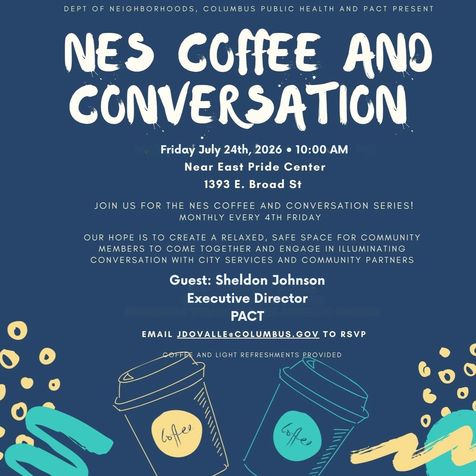 Come out and join us for our upcoming Near East Side (NES) Coffee and Conversation as we welcome Sheldon Johnson, Executive Director of Partners Achieving Community Transformation (PACT).
Sheldon will provide updates on PACT’s programming, share insights on the organization’s future direction following recent staffing changes, and discuss upcoming initiatives that will continue to strengthen the community.
We look forward to seeing you for coffee, conversation and an opportunity to learn more about the important work PACT is doing and what’s ahead.
#Neighborly