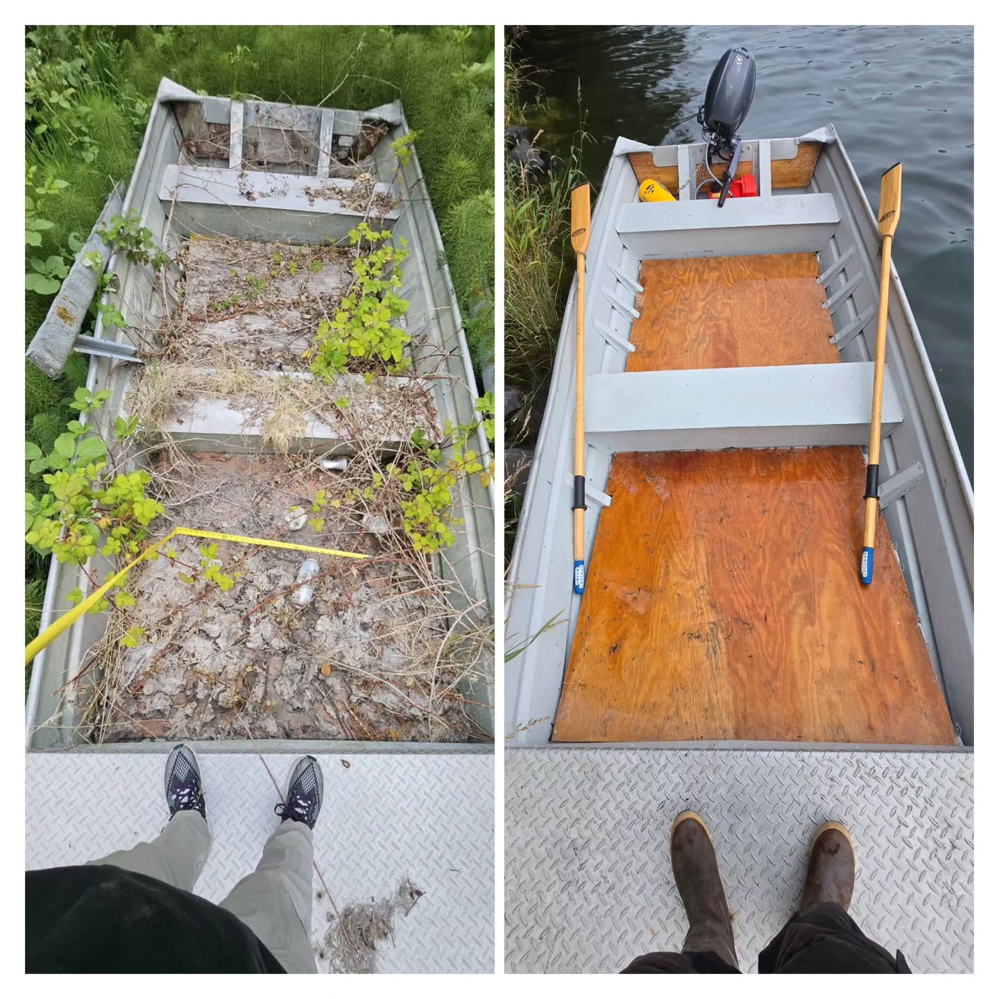 I repaired this boat. New transom, floor boards I cut and put epoxy on, new cars, new motor, 16 holes filled, paint job, new hardware. Cost the same as a new boat but this is a boat I love that reminds me of fishing with my dad.