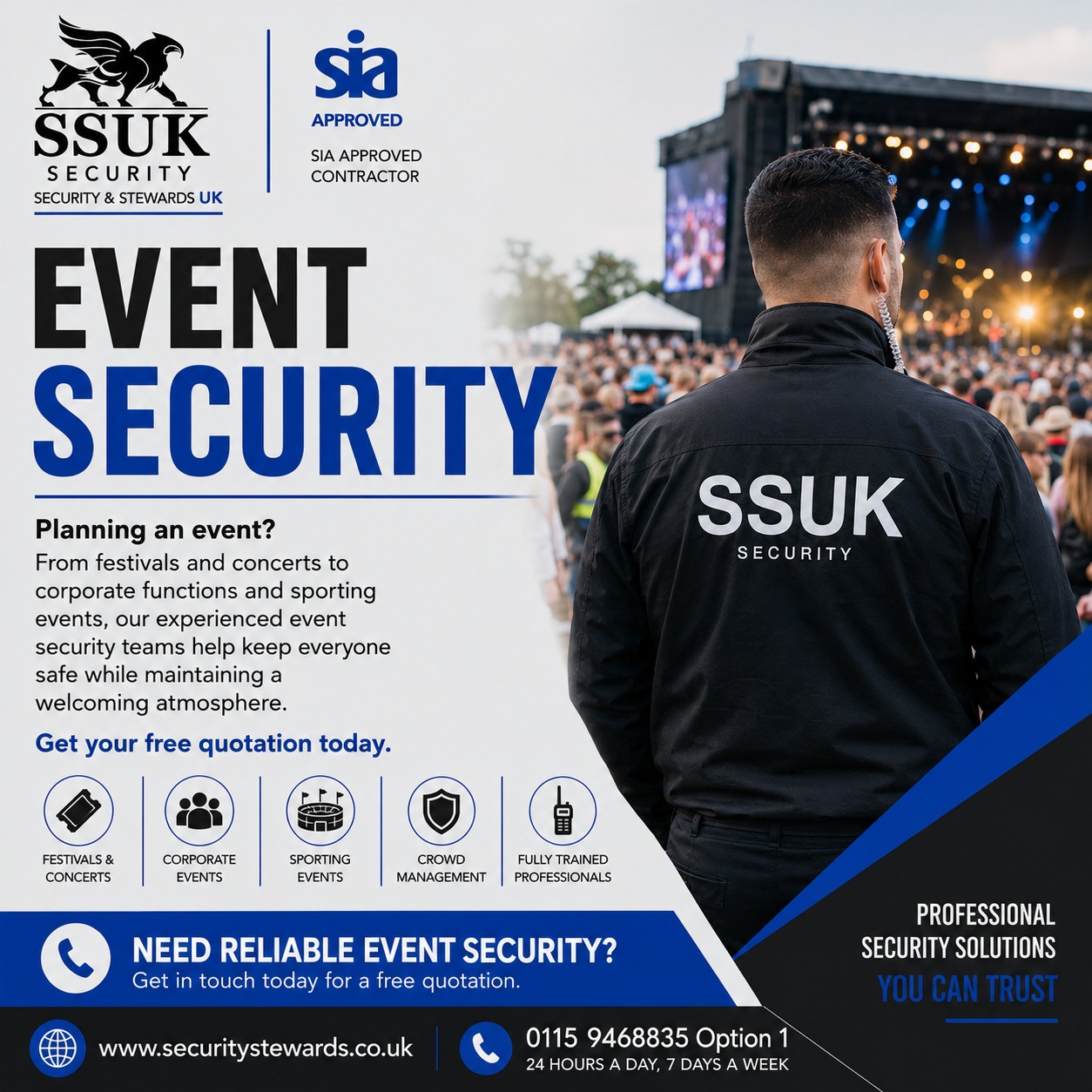 Event Security
Planning an event?
From festivals and concerts to corporate functions and sporting events, our experienced event security teams help keep everyone safe while maintaining a welcoming atmosphere.
Get your free quotation today.
#EventSecurity #CrowdManagement #SecurityStewards #EventsUK
