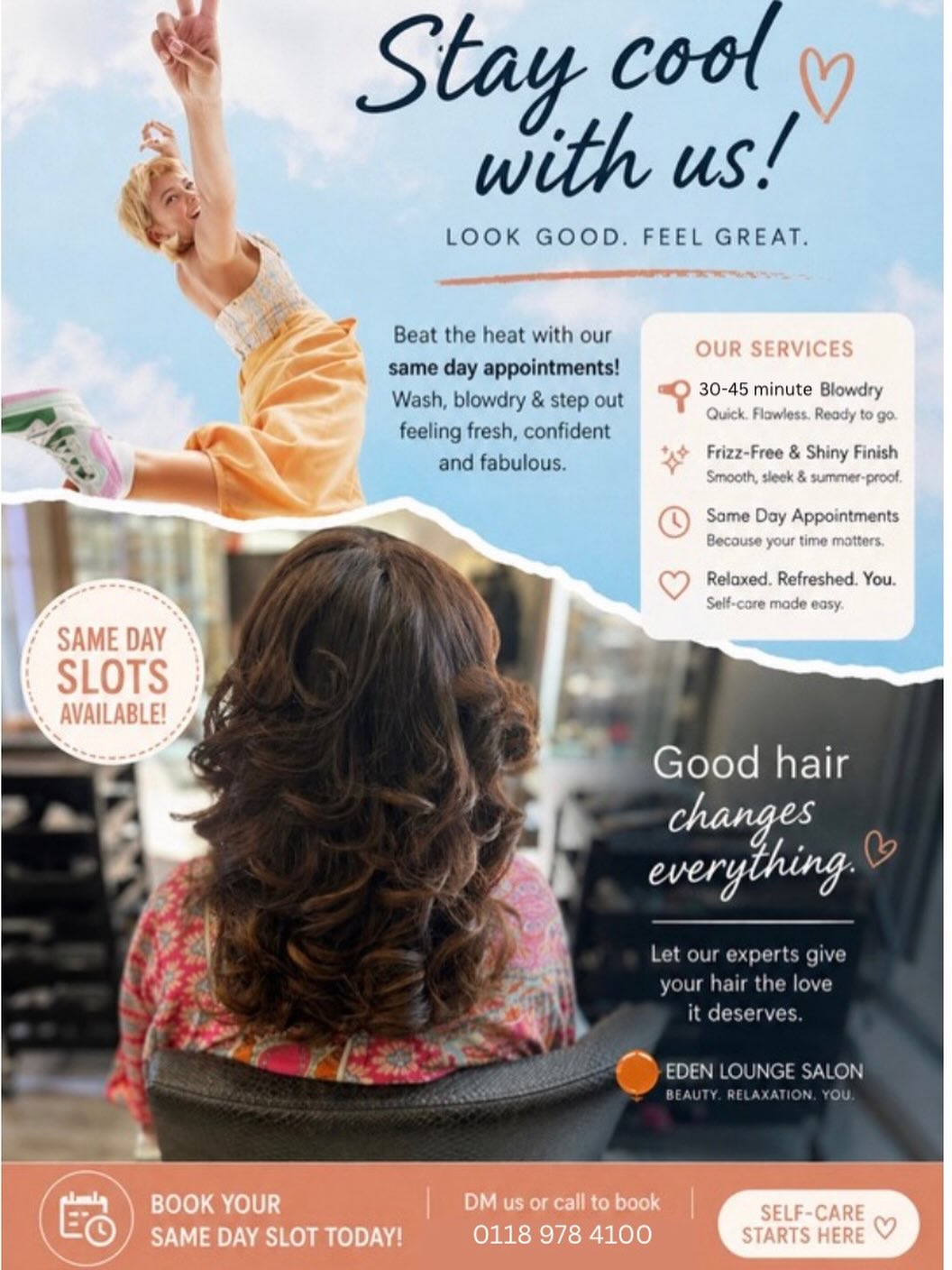 ☀️ Stay cool, feel fabulous! ☀️
Why battle the heat when you can treat yourself to a fresh blow-dry? 💁♀️✨
Whether you’re heading to work, a special event, or just want to feel your best, we’ve got same-day appointments available to leave your hair smooth, bouncy and frizz-free.
🤍 30–45 minute blow-dries
🤍 Sleek, glossy, long-lasting results
🤍 Same-day availability
🤍 Premium products & expert care
Your hair deserves a little love this summer! 🌸
📩 DM us to book or call 0118 978 4100 to secure your same-day appointment.
#BlowDry #HairSalon #GoodHairDay #SummerHair #FrizzFreeHair HairGoals HealthyHair SalonLife SelfCare ReadingSalon SameDayAppointments FreshHair HairStylist TreatYourself ✨