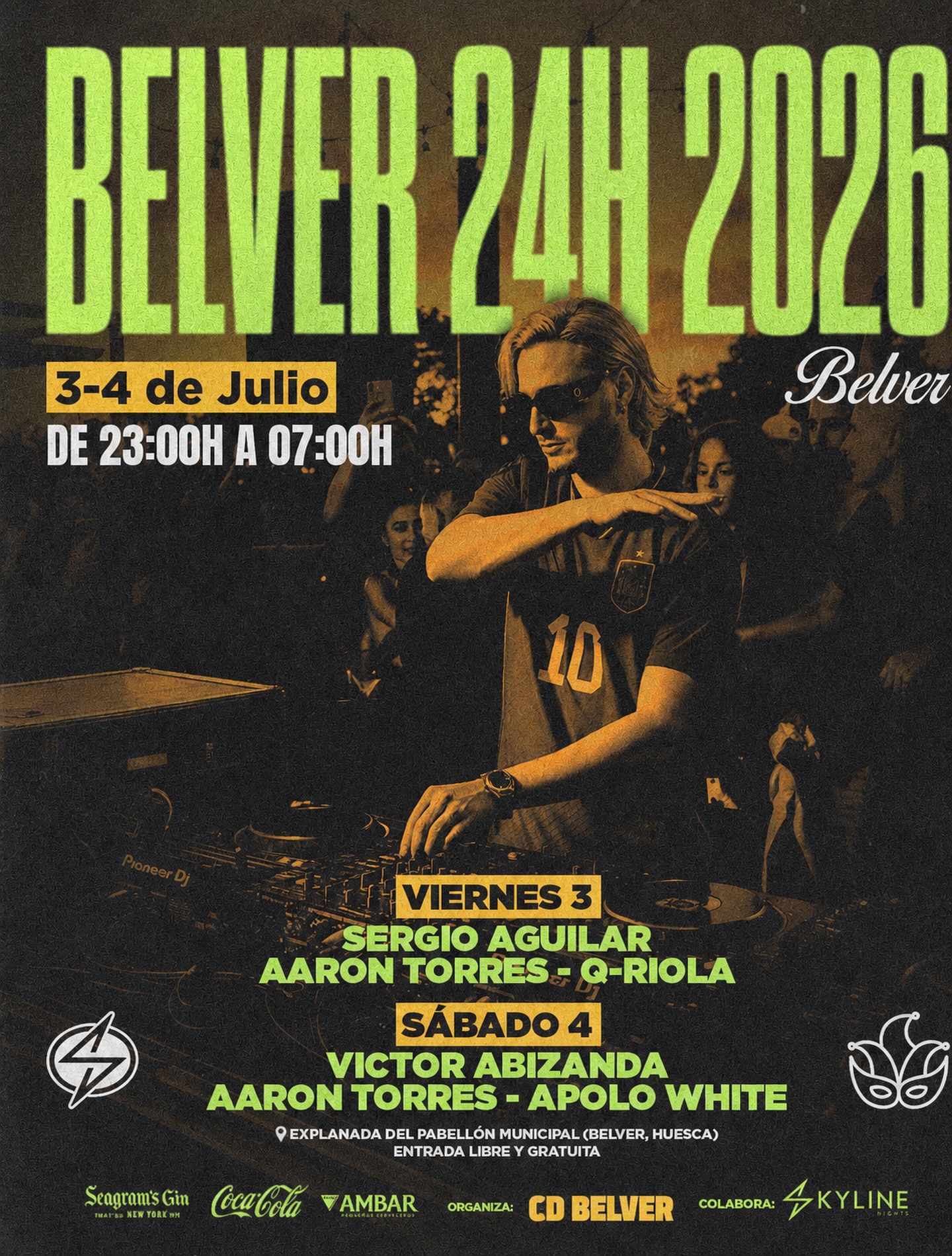 ✨ BELVER 24H 2026 YA ESTÁ AQUÍ ✨
Prepárate para vivir una noche inolvidable de música, fiesta y buen ambiente en Belver. 🎶⚡
🗓 3 y 4 de julio de 2026
🕚 De 23:00 h a 07:00 h
📍 Explanada del Pabellón Municipal de Belver de Cinca
🎟 Entrada libre y gratuita
🔥 Viernes 3:
🎧 Sergio Aguilar
🎧 Aaron Torres
🎧 Q-Riola
🔥 Sábado 4:
🎧 Víctor Abizanda
🎧 Aaron Torres
🎧 Apolo White
¿Estáis preparados para bailar hasta que salga el sol? 🌙➡️☀️
#Belver24H