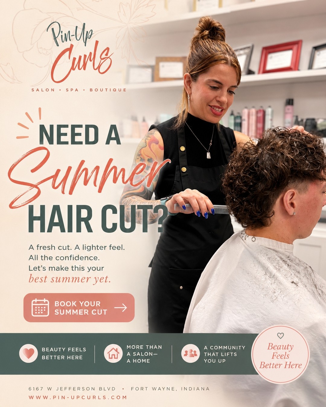 ✂️☀️ New season. Fresh cut. Instant confidence.
Nothing says summer like healthy, refreshed hair.
Whether you're looking for:
✨ A big chop
✨ Face-framing layers
✨ A curly refresh
✨ A trim before vacation
✨ A low-maintenance style
We're here to help you create your best hair season yet.
Need a summer haircut? We'd love to see you.
Because every great adventure starts with a great hair day.
#SummerHaircut #FortWayneHairSalon #HealthyHair #PinUpCurls #BeautyFeelsBetterHere #HairGoals